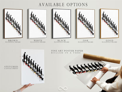 Explore available options for this conceptual artwork. Choose between a stretched canvas print fine art poster paper or a floating frame. Each option enhances the descending figures art. Perfect for modern minimalist decor and office wall art. Find the ideal style for your space.