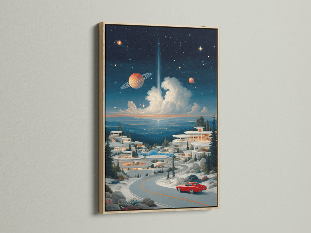 Surreal space landscape artwork with an oak frame. This retro futuristic wall art is perfect for modern interiors. The cosmic village poster brings a sci-fi touch to any room. Shop now for unique space art prints.