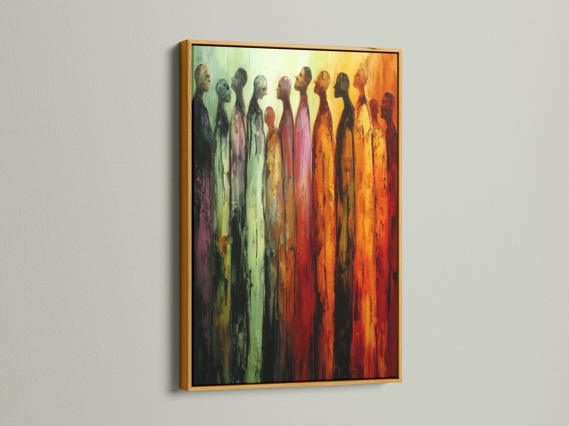 A gold frame showcases this figures artwork. It is a warm toned abstract print on canvas. Elevate your hallway decor with this modern art piece. The gold frame adds a touch of luxury. Perfect for contemporary interiors.