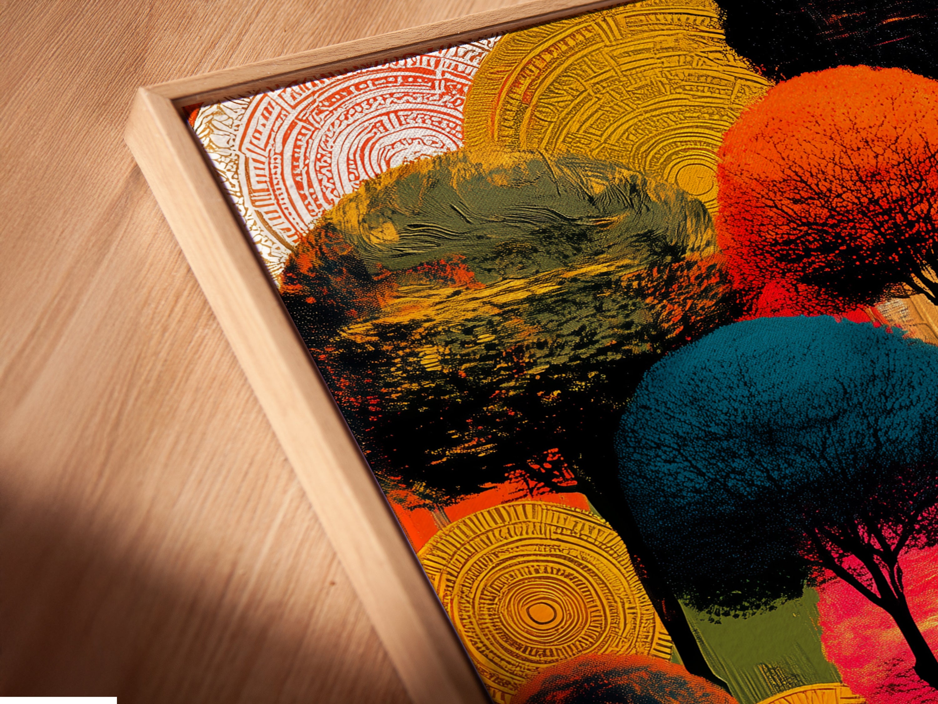 A close-up shows a canvas print in a floating frame. The abstract tree art is highlighted. This modern nature artwork enhances office or home decor. The vibrant colors and unique design make this artwork stand out.