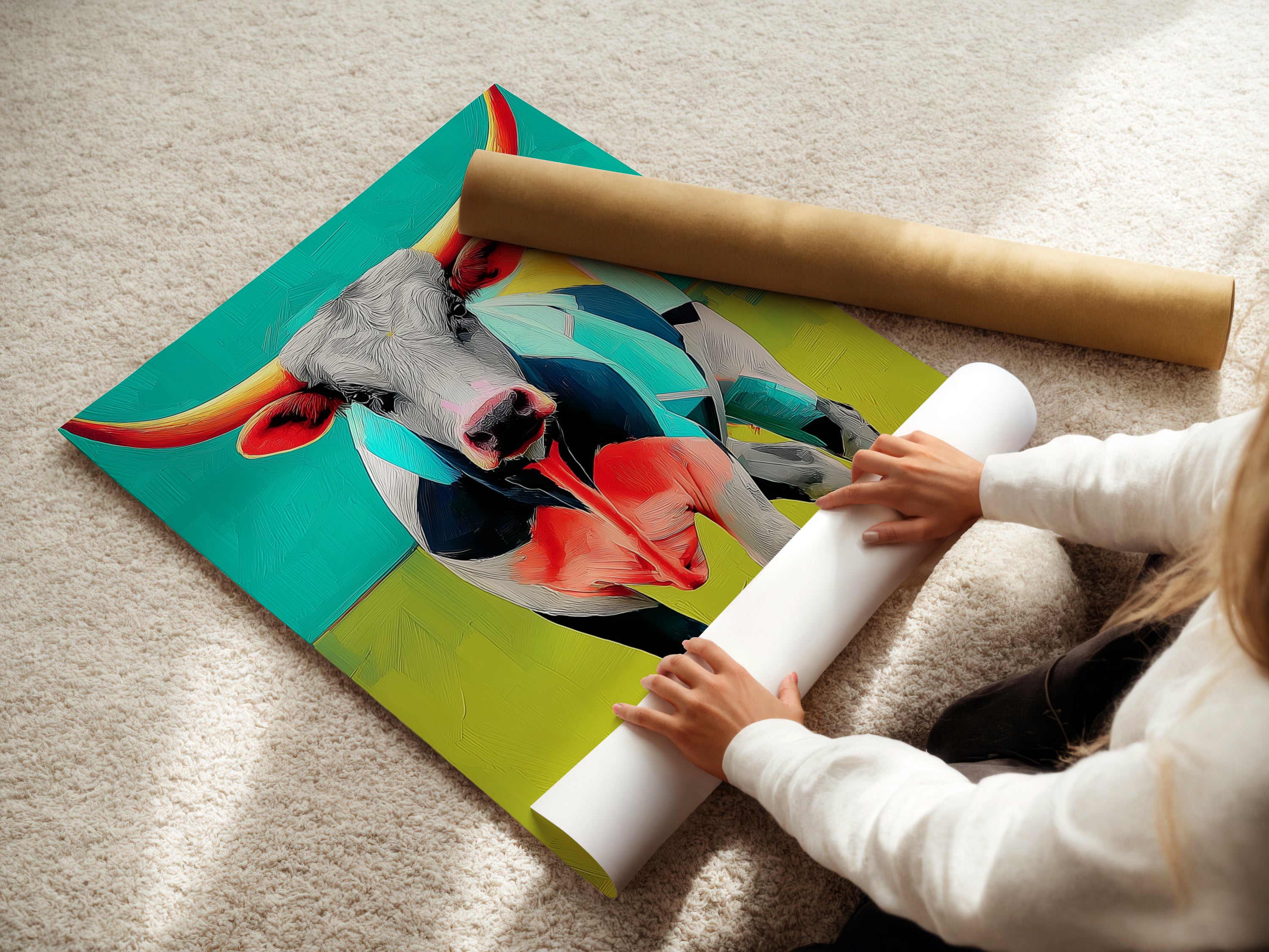 A woman carefully rolls a fine art poster paper. The Longhorn Steer design is preserved in high quality. This modern animal artwork is ready for framing. The farmhouse decor enthusiasts will appreciate this piece. The steer painting is perfect for any art collection. The fine art poster ensures vibrant colors.