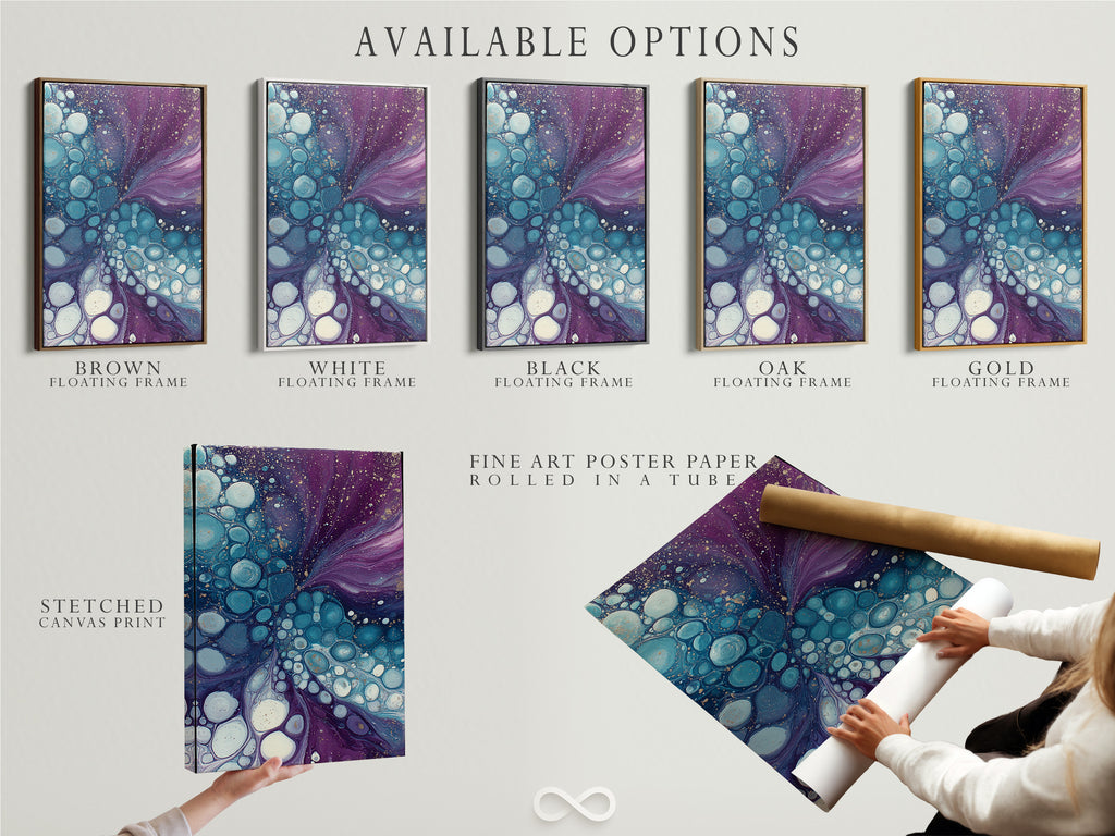 Explore the available options for abstract fluid art. Choose from stretched canvas prints fine art poster paper or a floating frame. The purple and teal bubble artwork is perfect for modern decor. Customize your piece to match your personal style. Transform your space with this contemporary art.