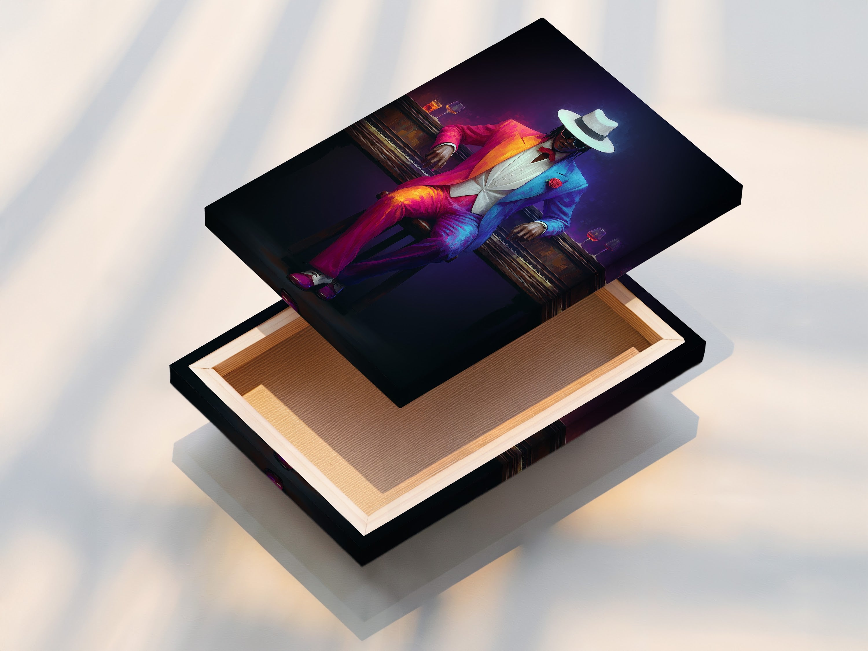 This is a stretched canvas print of the Neon Suit Portrait. The artwork is ready to hang. This colorful gentleman artwork enhances any space. The stretched canvas provides a clean modern look. This retro futuristic art is perfect for living rooms home bars or offices.