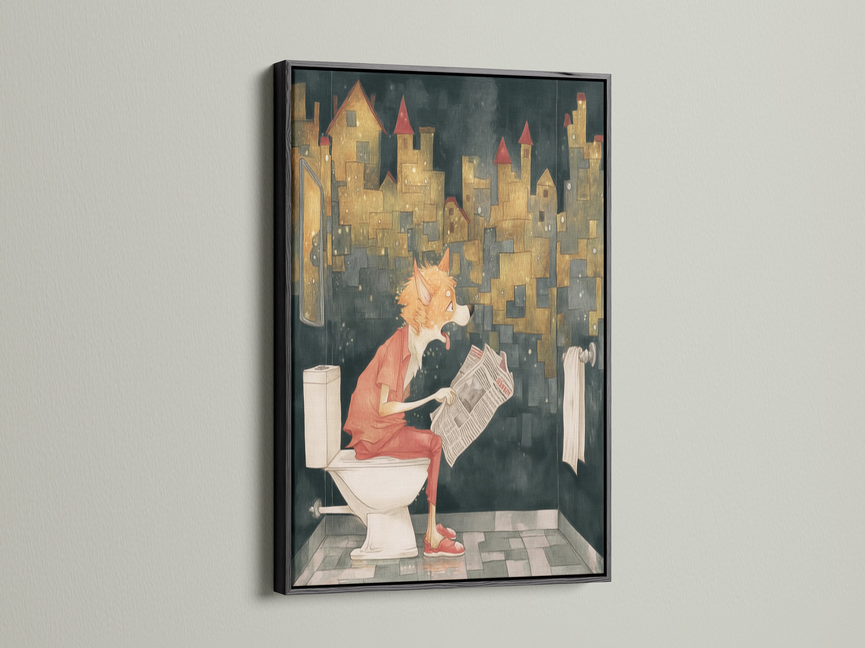 Funny Dog Canvas Print in a black frame. The art showcases a dog engrossed in a newspaper. This humorous artwork adds a unique touch to your bathroom. It's an ideal gift for dog enthusiasts. Enjoy a quirky and fun vibe in your home.