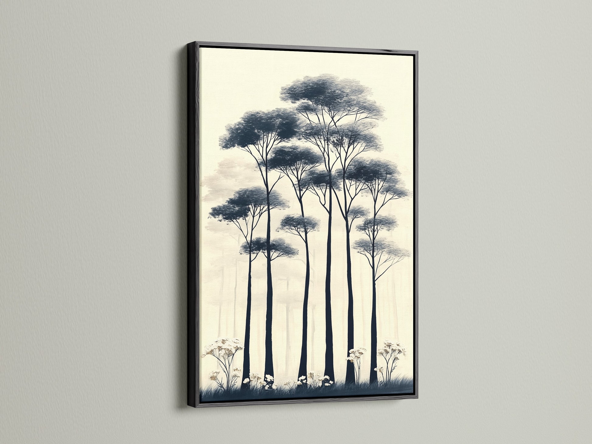 Add a touch of sophistication with this forest trees canvas print. The black frame enhances the minimalist nature artwork. The neutral tones complement any decor style. Ideal for creating a modern and elegant space. Transform your living room or office with this artwork.
