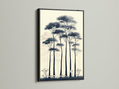 Add a touch of sophistication with this forest trees canvas print. The black frame enhances the minimalist nature artwork. The neutral tones complement any decor style. Ideal for creating a modern and elegant space. Transform your living room or office with this artwork.
