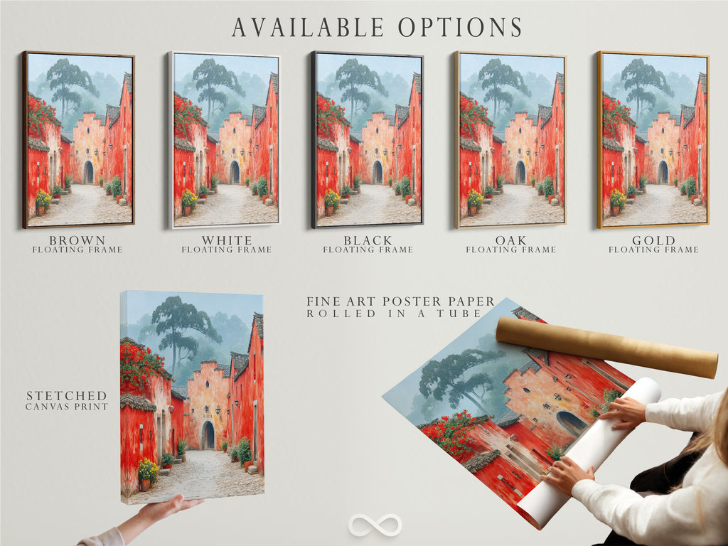 Available options for the Village Street art include a stretched canvas print fine art poster paper and a floating frame. Choose the perfect format to match your personal style and decor. Enhance your home with this vintage inspired art.