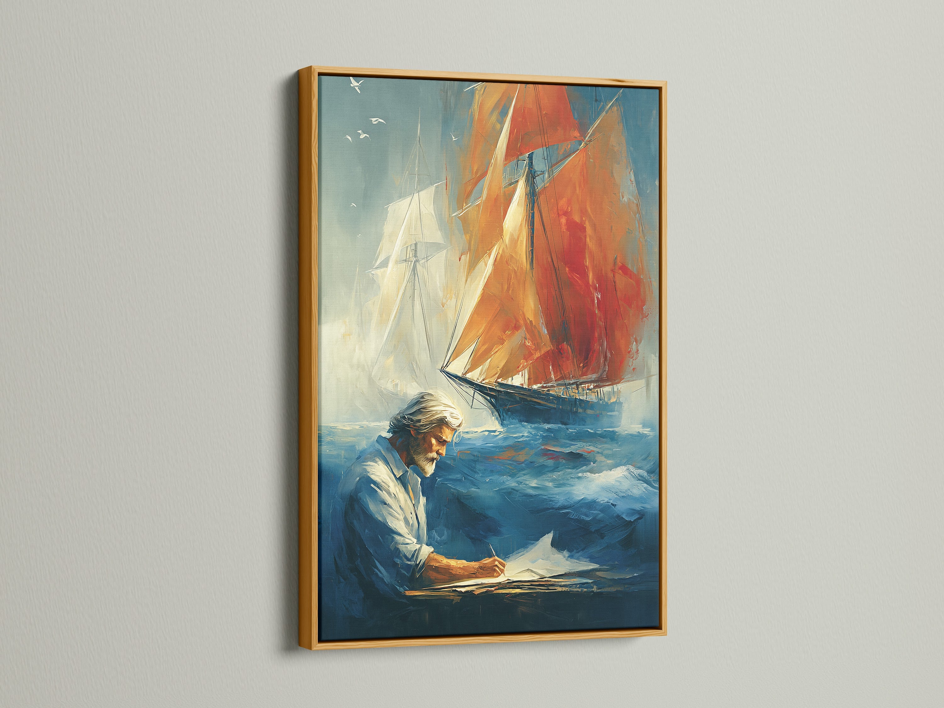 Nautical sailing art print in a gold frame. This vintage maritime wall art shows a captain and sailboat. This canvas is perfect for study room decor. Add a touch of elegance to your home with this nautical art. The artwork is ideal for any coastal space.