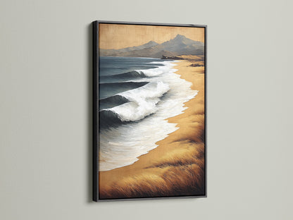 Add a touch of sophistication to your walls with our coastal artwork. The black frame accentuates the neutral tone seascape artwork. Perfect for creating a focal point in any room. This beach canvas print brings the beauty of the ocean into your home. Enhance your decor with this elegant piece.