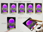 Available options for celestial moon art are displayed. Choose from stretched canvas prints. Select fine art poster paper. Consider a floating frame. Enhance your home with this purple lunar artwork today.