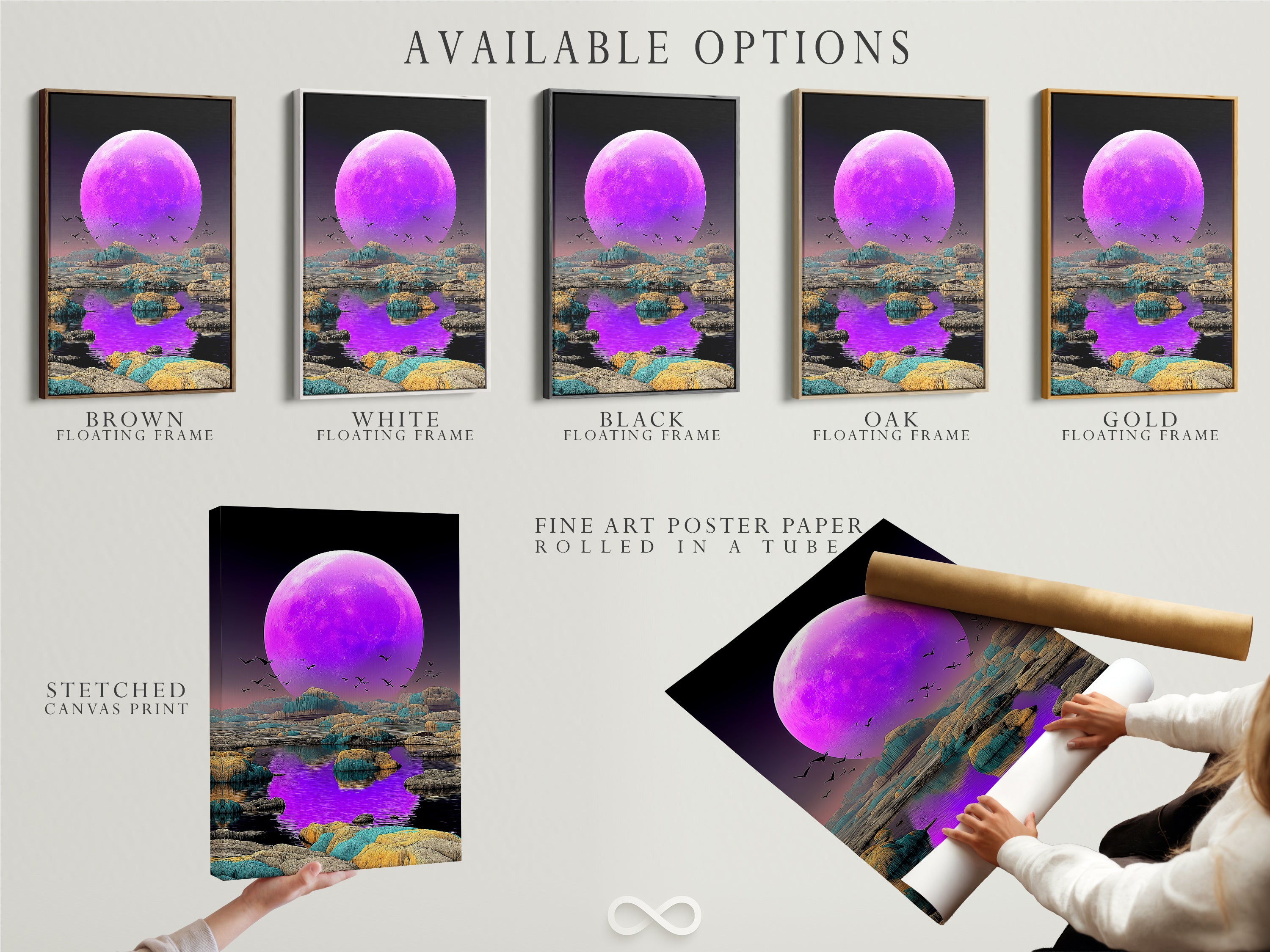 Available options for celestial moon art are displayed. Choose from stretched canvas prints. Select fine art poster paper. Consider a floating frame. Enhance your home with this purple lunar artwork today.