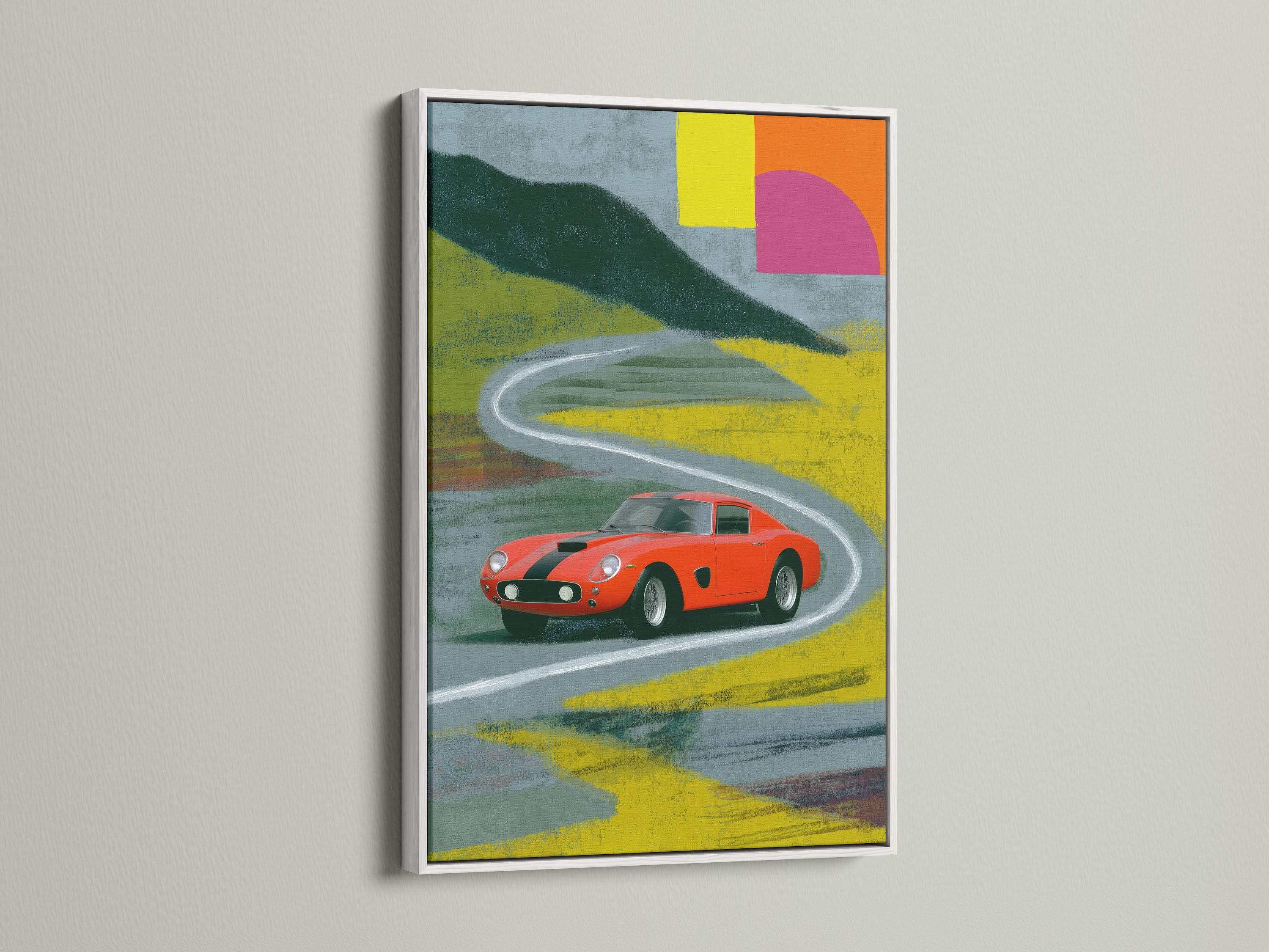 A white frame enhances this vintage Ferrari artwork. The red Ferrari is the focal point. It is a classic car print ideal for adding style to hobby rooms. This automotive art piece is perfect for racing fans.