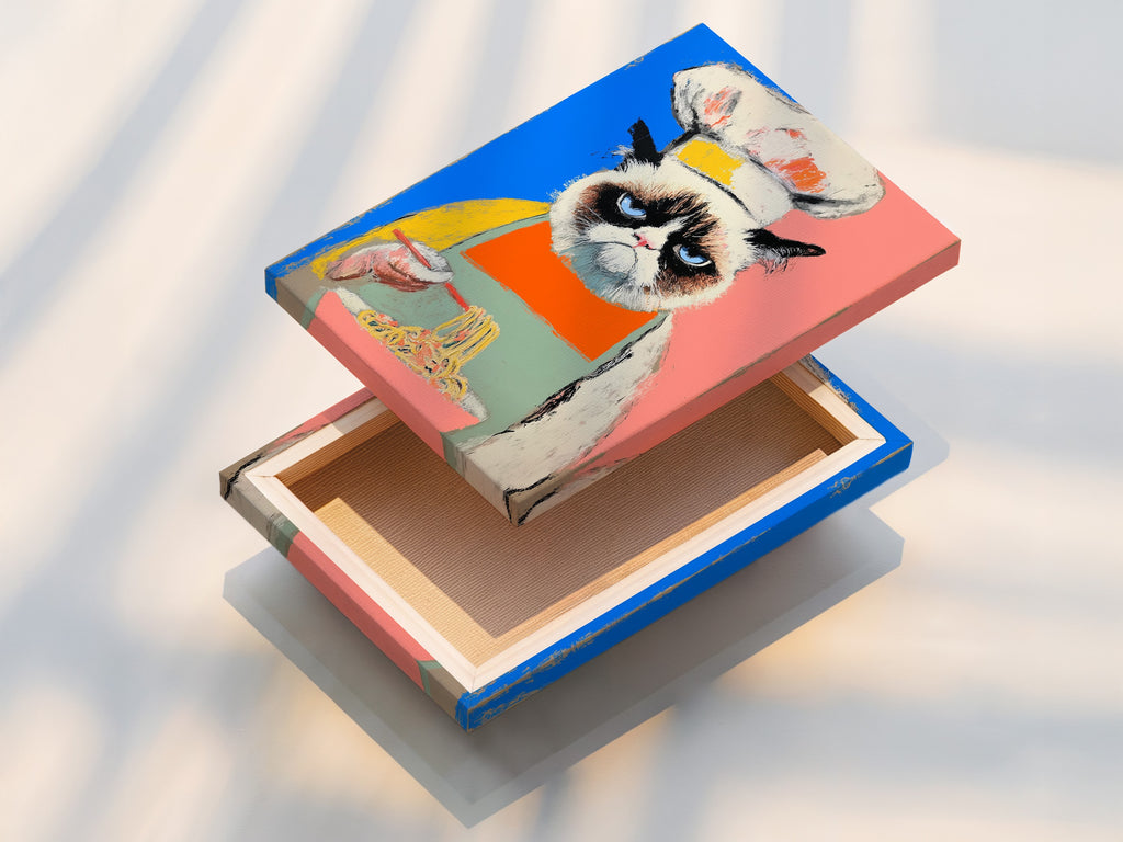 This is a stretched canvas print of a chef cat artwork. This funny kitchen print is a colorful pop art poster for the dining room. This elevated wall art will fit modern styles and spaces.