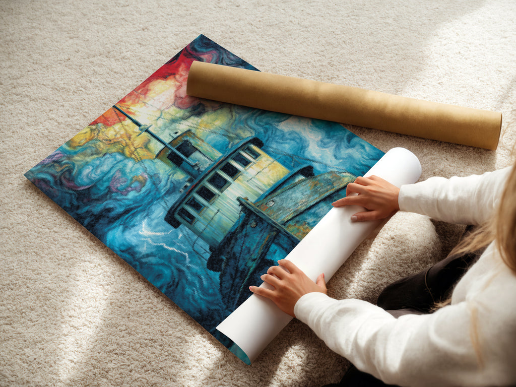 A woman carefully rolling a fine art poster paper of a Fishing Boat. The nautical wall art is ready for framing. The stormy seascape artwork is printed on high-quality paper. This ocean art print captures the beauty of the sea. Perfect for those who appreciate fine details and craftsmanship. The poster is a versatile choice.