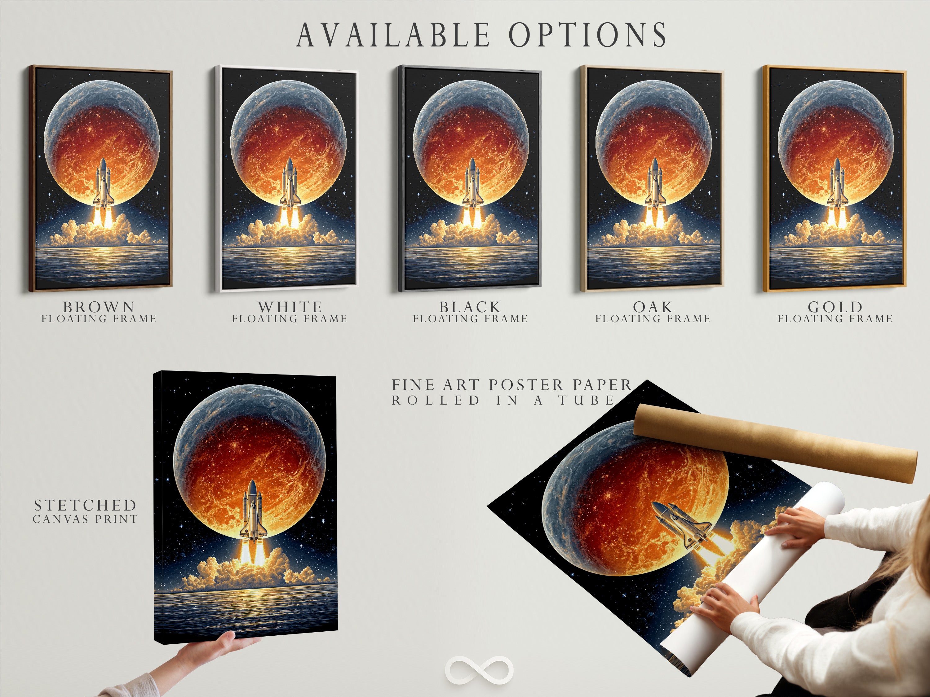 This image showcases available options for the space shuttle artwork. Options include a stretched canvas print fine art poster paper and floating frame. Choose the perfect format for your retro sci-fi wall art. Enhance your space with astronomy art that suits your style.