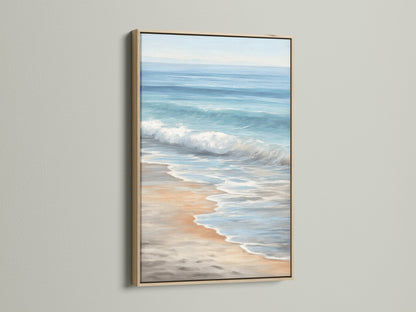 Seascape canvas print in an oak frame. This coastal artwork brings the beach to your walls. It is perfect for any room. The ocean canvas creates a calming atmosphere. Elevate your home with ocean art.