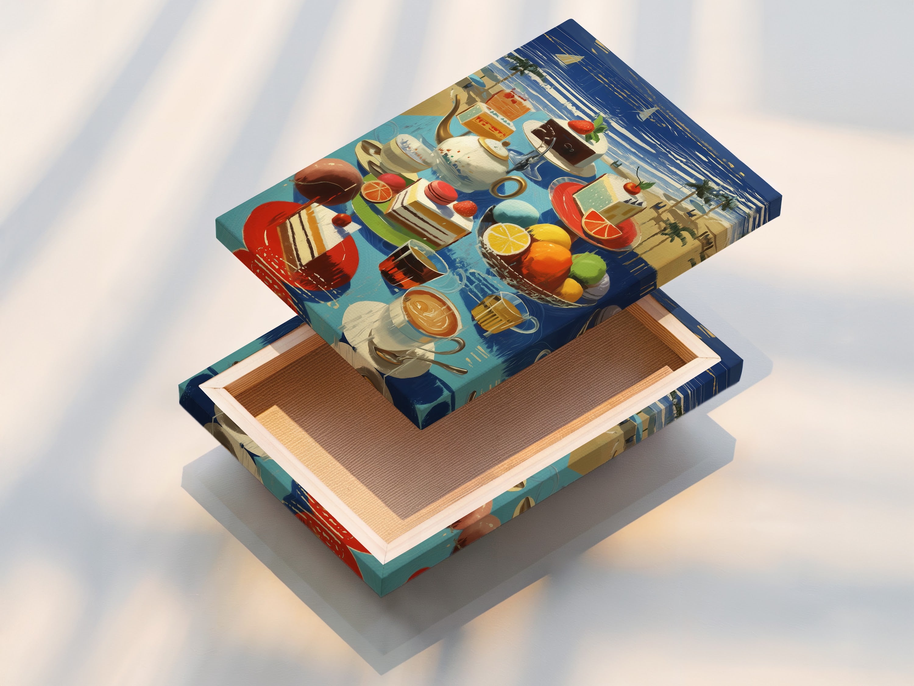 This stretched canvas print features a coastal still life artwork. The beach cafe wall art includes summer fruit and cake. It is ready to hang for instant kitchen decor. The vibrant colors bring a summer feel to any space.