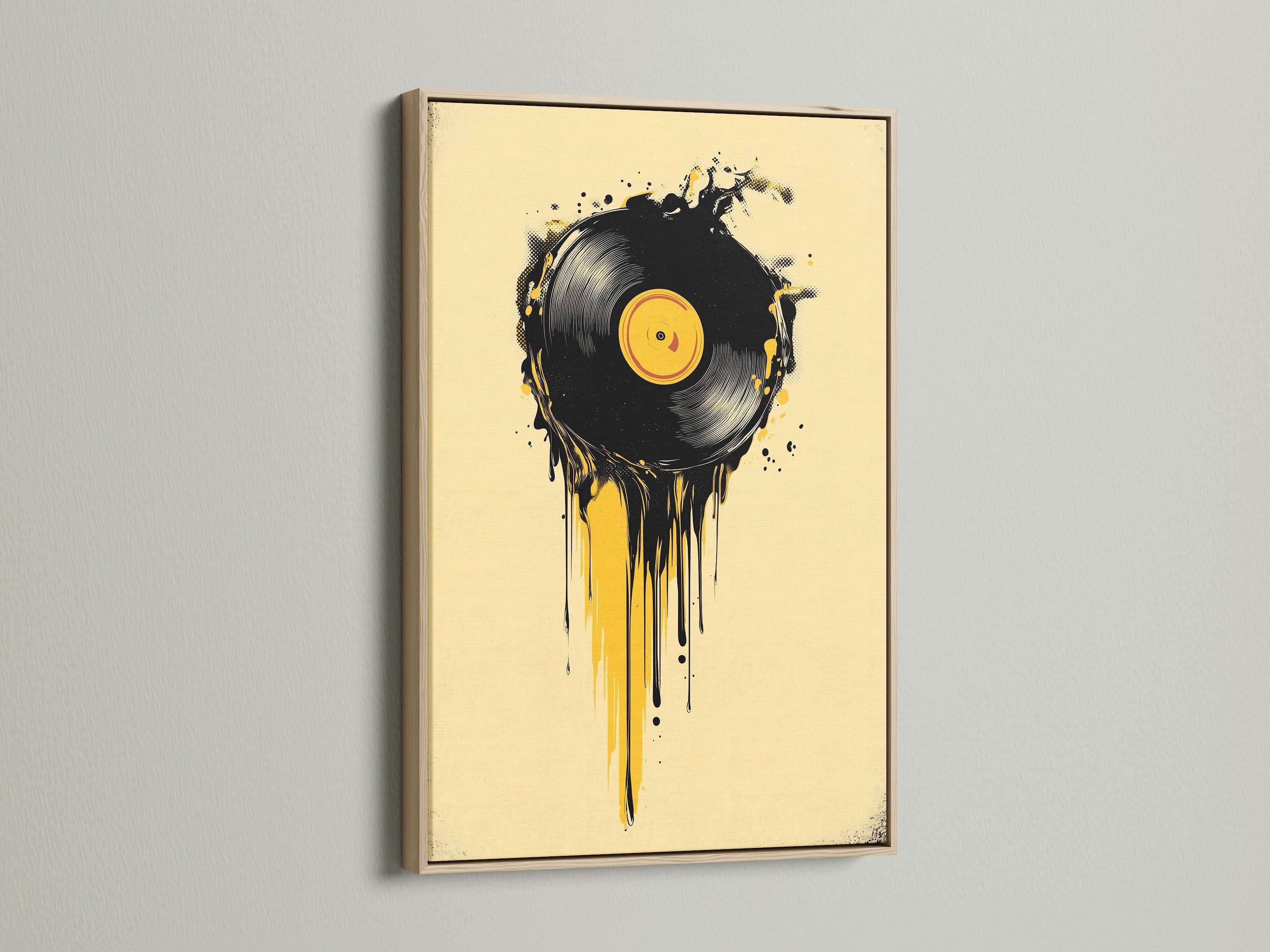 Artwork featuring a vinyl record with dripping paint in an oak frame. The oak frame enhances the print's warm tones. See how an oak frame elevates your art. Perfect for adding a touch of natural elegance to any room.