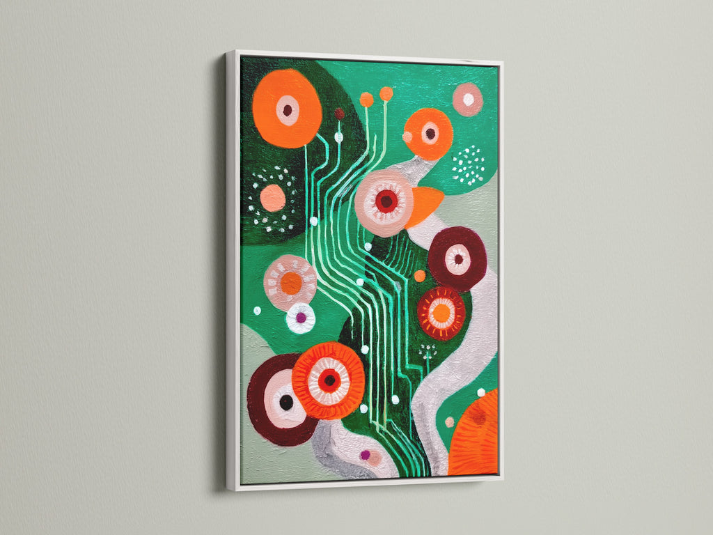 A white frame enhances this modern abstract canvas art. The retro geometric wall art offers a clean look with a colorful mid-century print. This artwork provides a stylish touch to office decor. A great choice for contemporary art lovers.