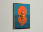 This photo features the teal and orange Buddha artwork with a gold frame. The artwork is set against a white wall. Gold accents enhance the artwork's spiritual theme. It is a perfect addition to eclectic and coastal style homes. The artwork brings a serene and mindful vibe.