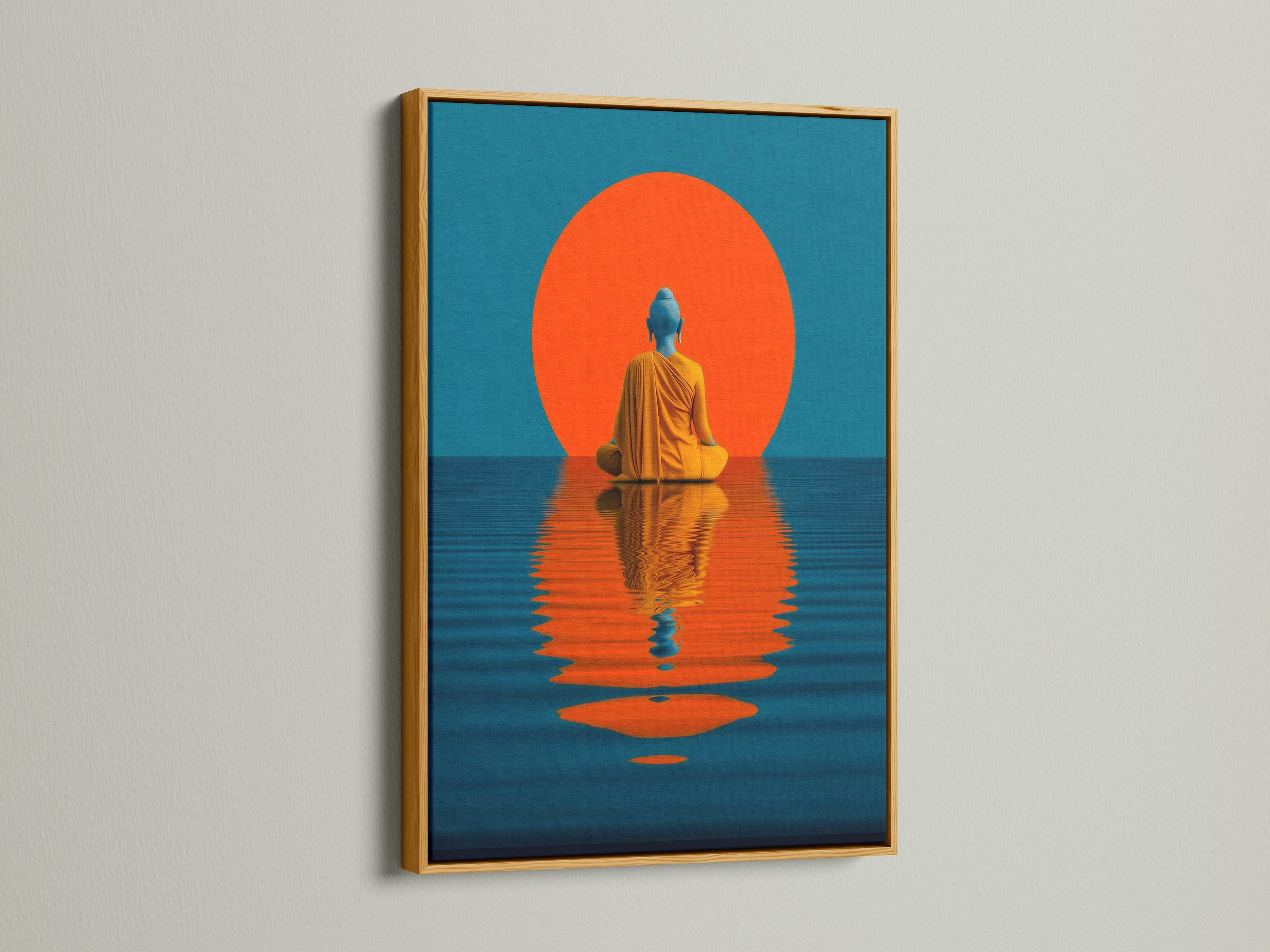 This photo features the teal and orange Buddha artwork with a gold frame. The artwork is set against a white wall. Gold accents enhance the artwork's spiritual theme. It is a perfect addition to eclectic and coastal style homes. The artwork brings a serene and mindful vibe.