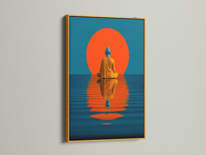 This photo features the teal and orange Buddha artwork with a gold frame. The artwork is set against a white wall. Gold accents enhance the artwork's spiritual theme. It is a perfect addition to eclectic and coastal style homes. The artwork brings a serene and mindful vibe.