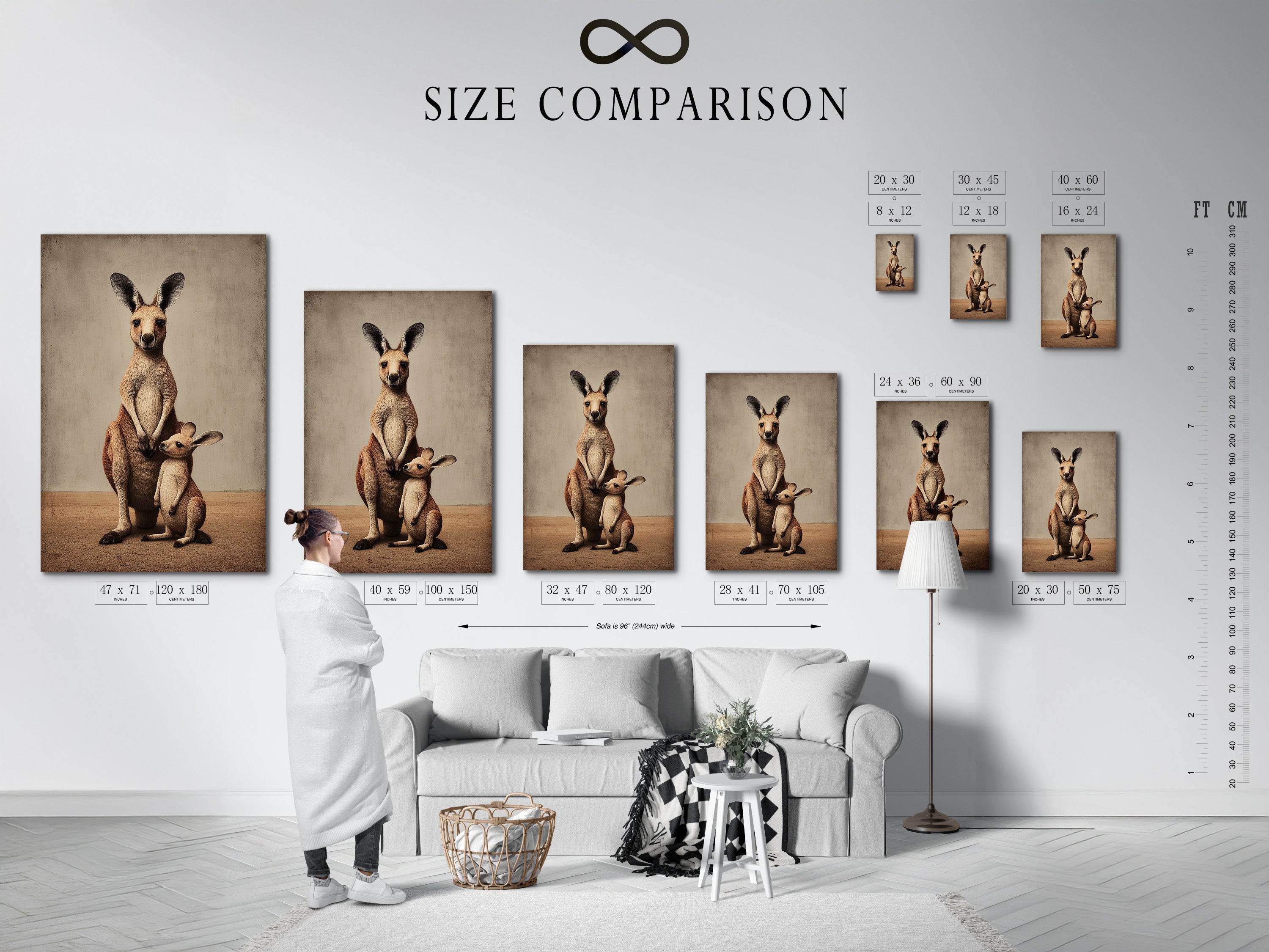 A size comparison chart in an interior setting helps visualize the artwork's dimensions. See how the kangaroo family art fits your space. Choose the perfect size for your nursery or family room decor.