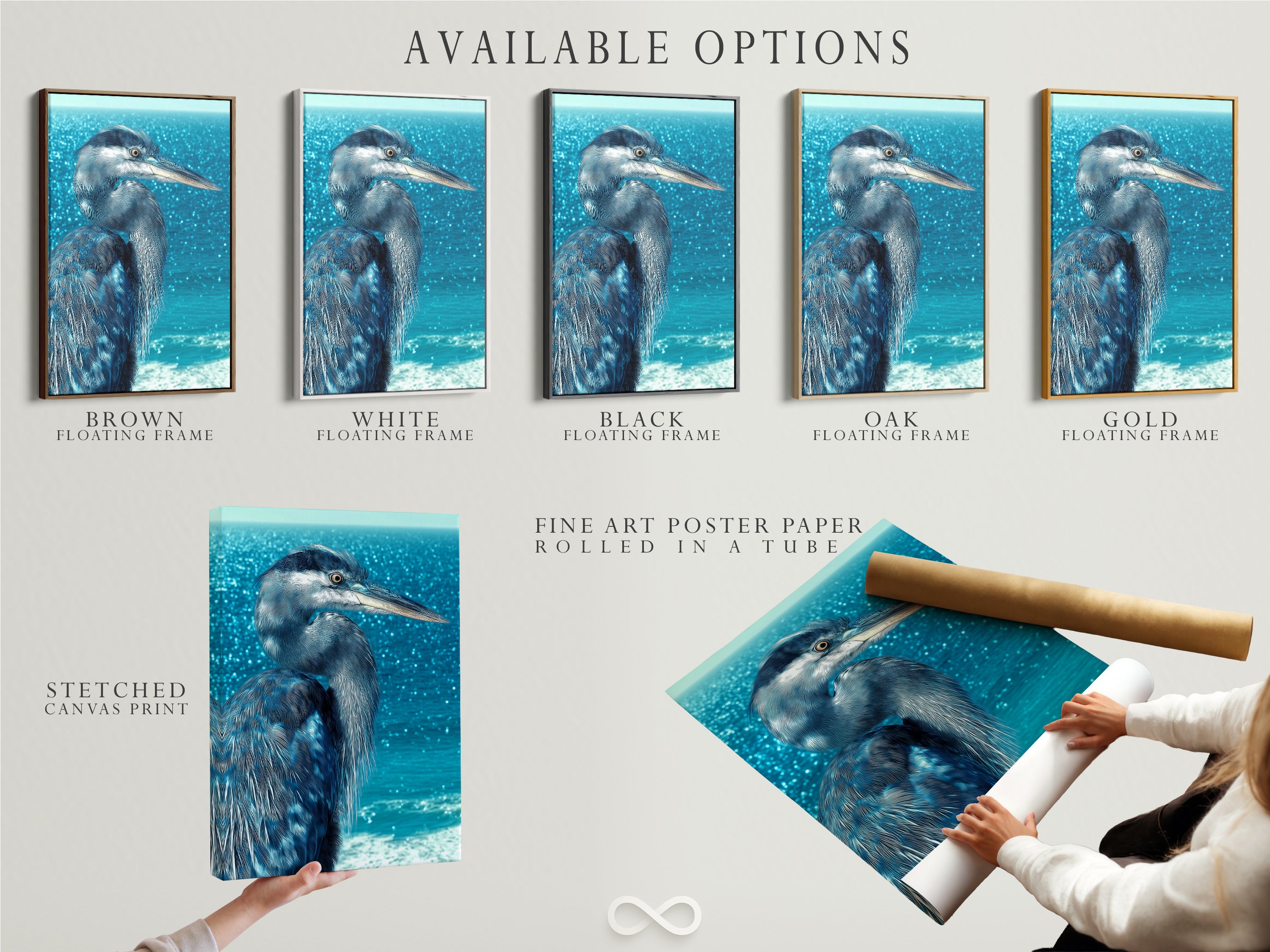 Explore available options for heron artwork. Choose from stretched canvas prints fine art poster paper or floating frames. These options allow you to customize your coastal artwork. Perfect for creating a unique space.