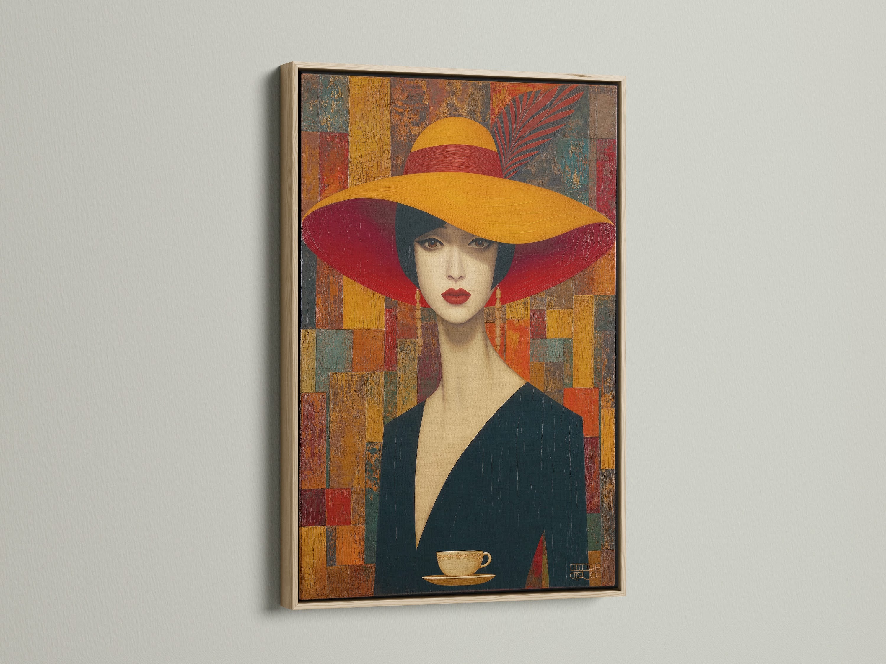 Vintage Woman Portrait Art with an Art Deco Canvas Print is displayed within an oak frame. The elegant lady wall art enhances dining room decor. Consider this frame option to add a classic touch.