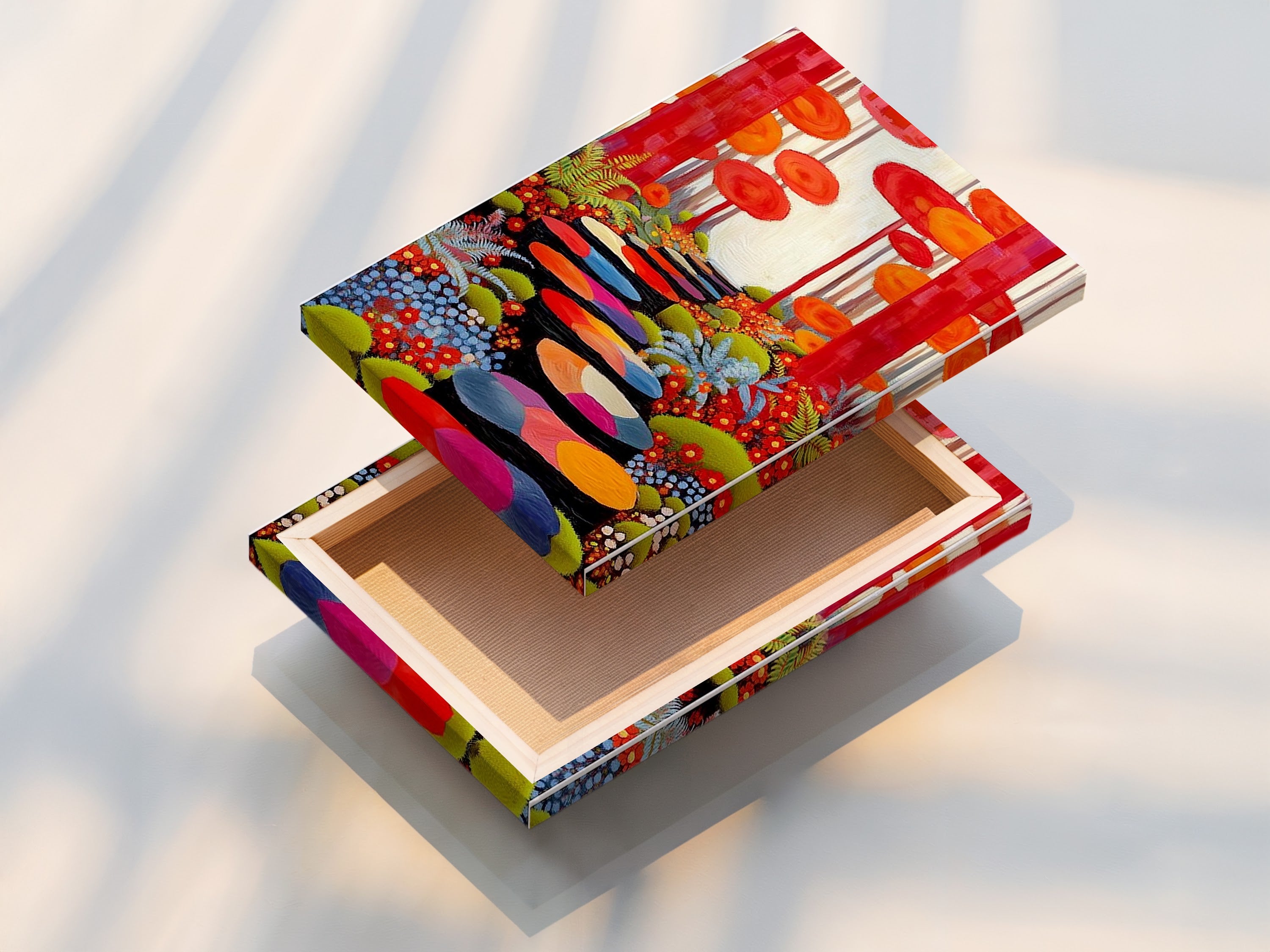 A stretched canvas print of the Enchanted Forest. The canvas texture enhances the colorful trees artwork. Ready to hang this vibrant nature print transforms any room. Perfect for modern eclectic or boho chic styles. Enjoy this whimsical art in your living space today. Stretched canvas is a great option.