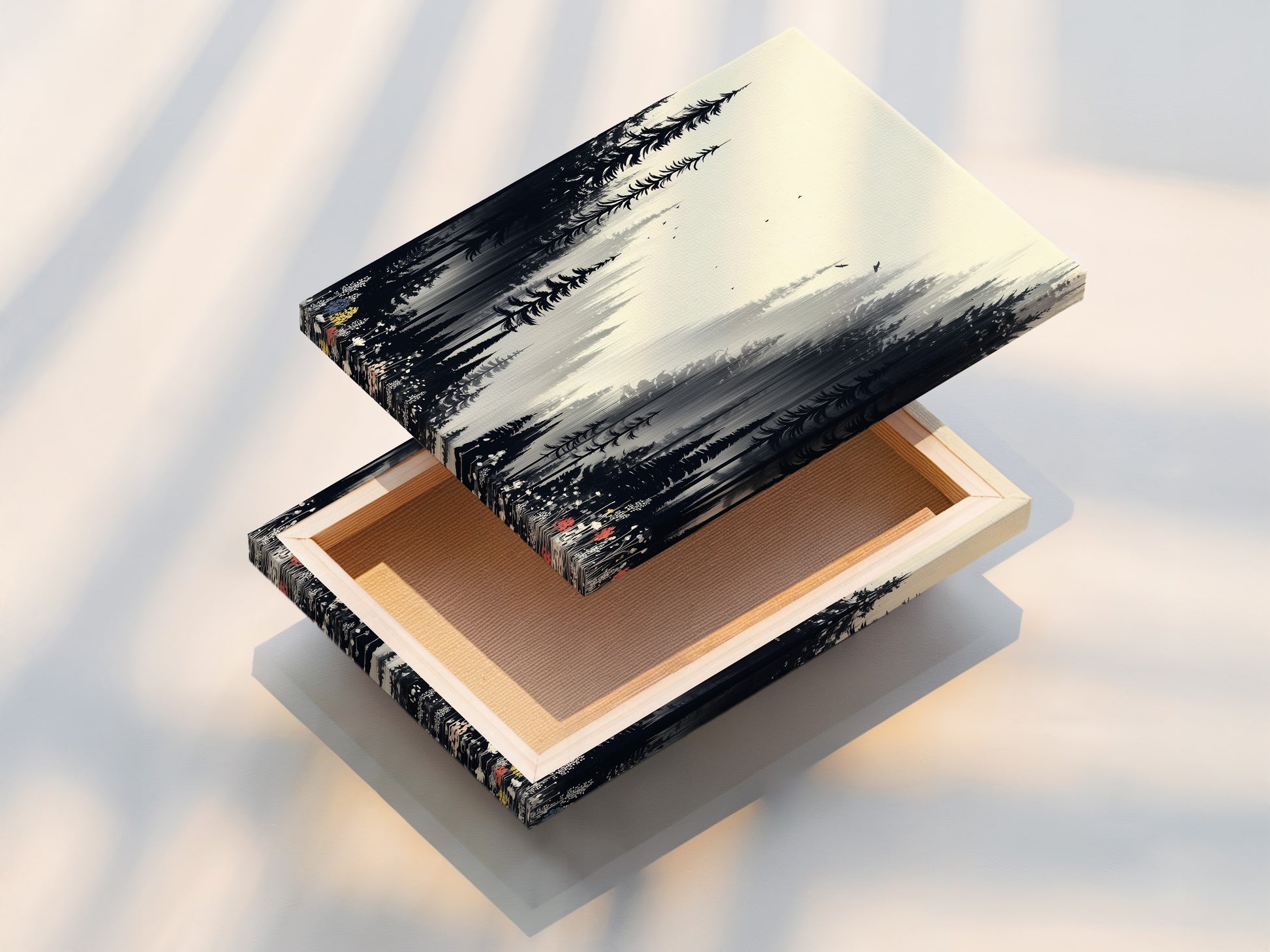 A fully stretched canvas print of forest scenery. The misty woodland art is ready to hang. The black and white nature artwork adds a touch of sophistication. This forest canvas print enhances any room. Discover woodland art for minimalist and contemporary spaces.