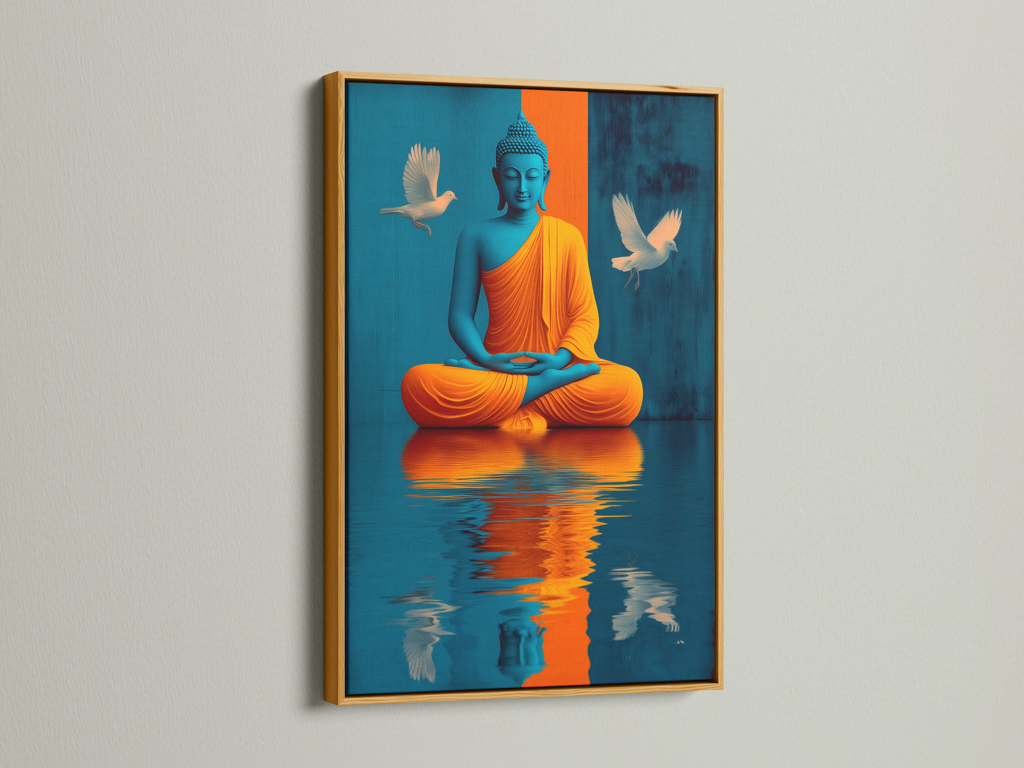 Add a touch of luxury to your decor with our Buddha artwork. This canvas print is framed in gold. The teal and gold accents create a serene ambiance. Ideal for enhancing meditation rooms and yoga studios. Elevate your space with this exquisite spiritual art.