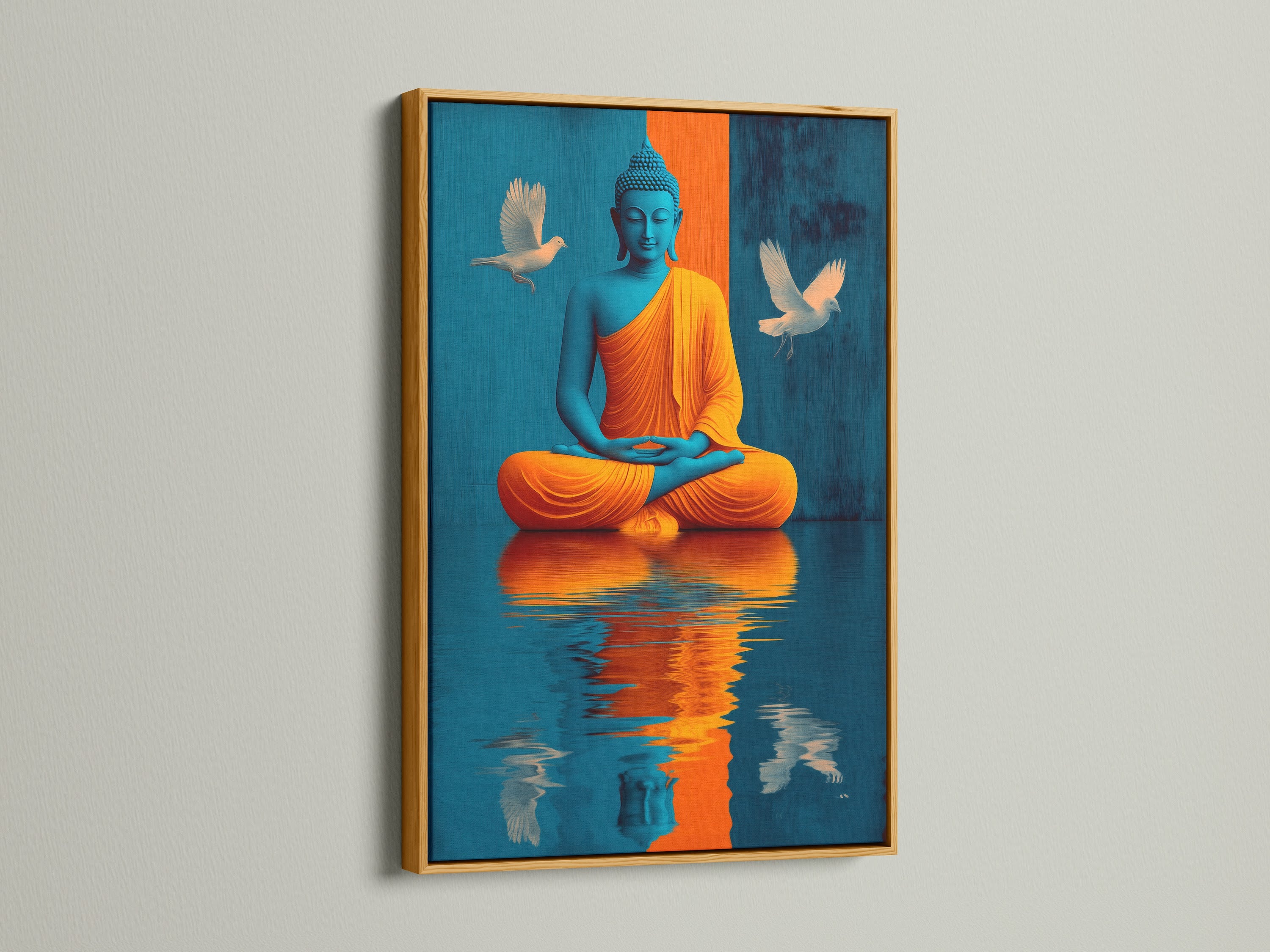 Add a touch of luxury to your decor with our Buddha artwork. This canvas print is framed in gold. The teal and gold accents create a serene ambiance. Ideal for enhancing meditation rooms and yoga studios. Elevate your space with this exquisite spiritual art.