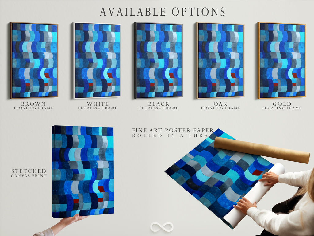 Explore the available options for our abstract blue canvas art. Choose from stretched canvas prints fine art poster paper or floating frames. Customize your modern art piece to fit your style. Find the perfect option for your indigo navy artwork today.