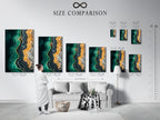 Size comparison chart displayed in an interior setting. Visualize the perfect dimensions for your abstract ocean artwork. Choose the ideal size to complement your living room bedroom or office. Find the perfect fit for your space.