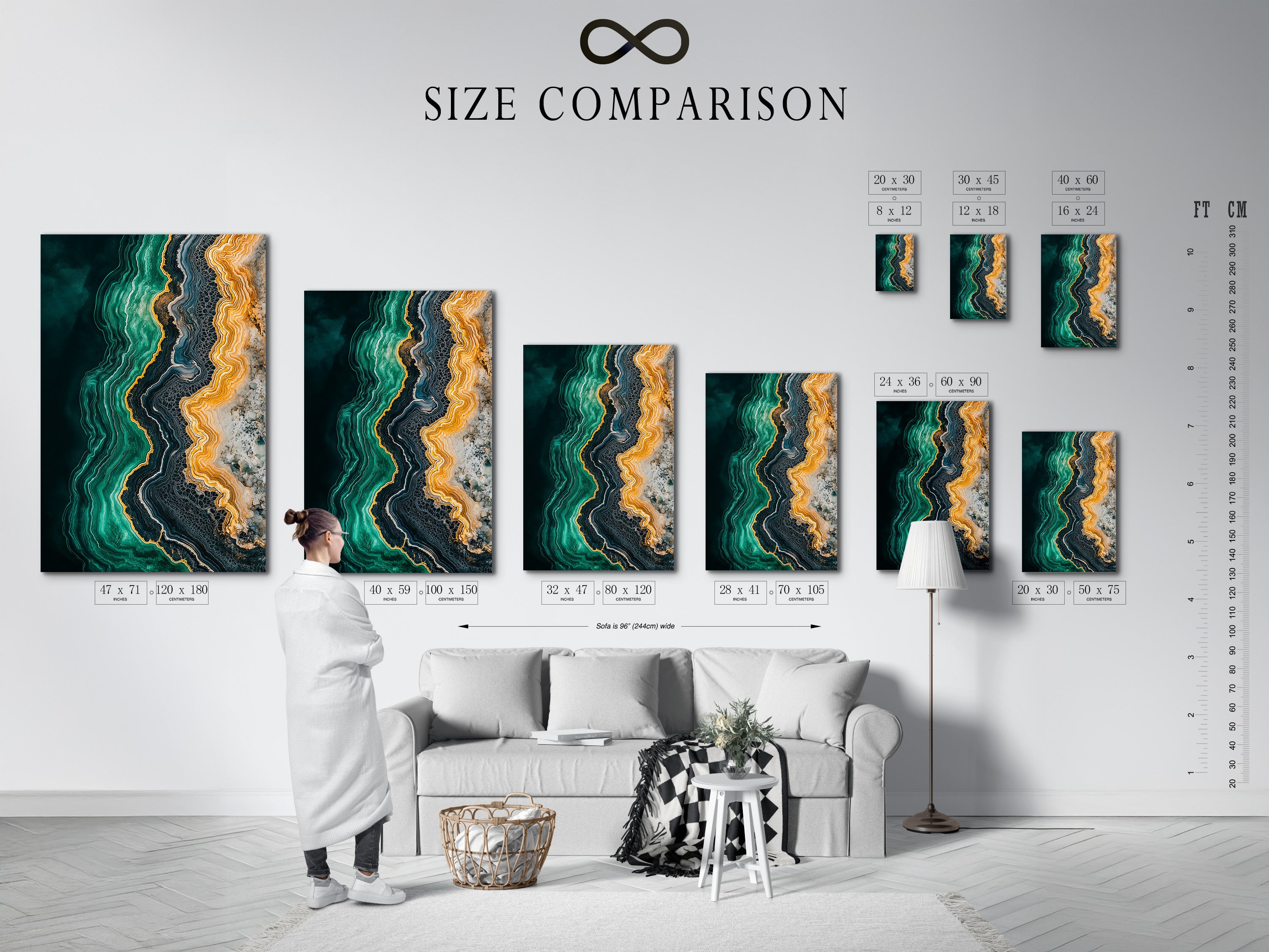 Size comparison chart displayed in an interior setting. Visualize the perfect dimensions for your abstract ocean artwork. Choose the ideal size to complement your living room bedroom or office. Find the perfect fit for your space.