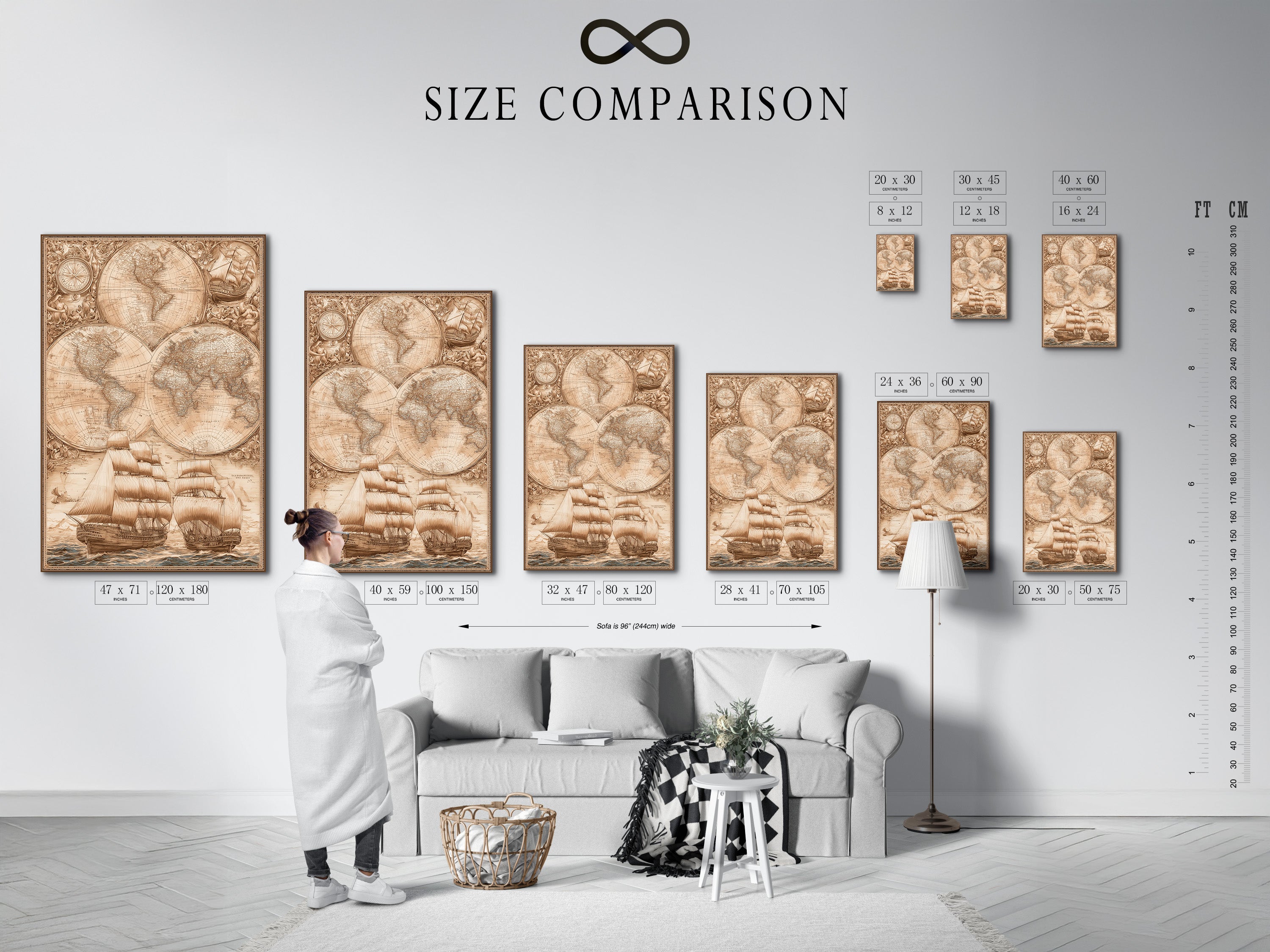 This size comparison chart is displayed in an interior setting. It helps visualize artwork dimensions in a room. The chart provides a practical reference for choosing the right size. This ensures your art fits perfectly. Plan your space with our size comparison guide.