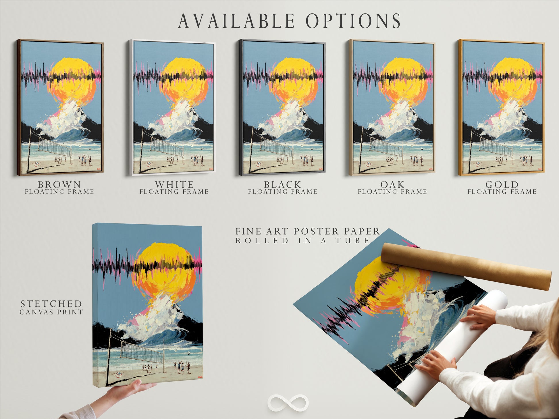 Available options include a stretched canvas print fine art poster paper and floating frame. The Beach Volleyball artwork is versatile. It allows you to customize your display to your decor.