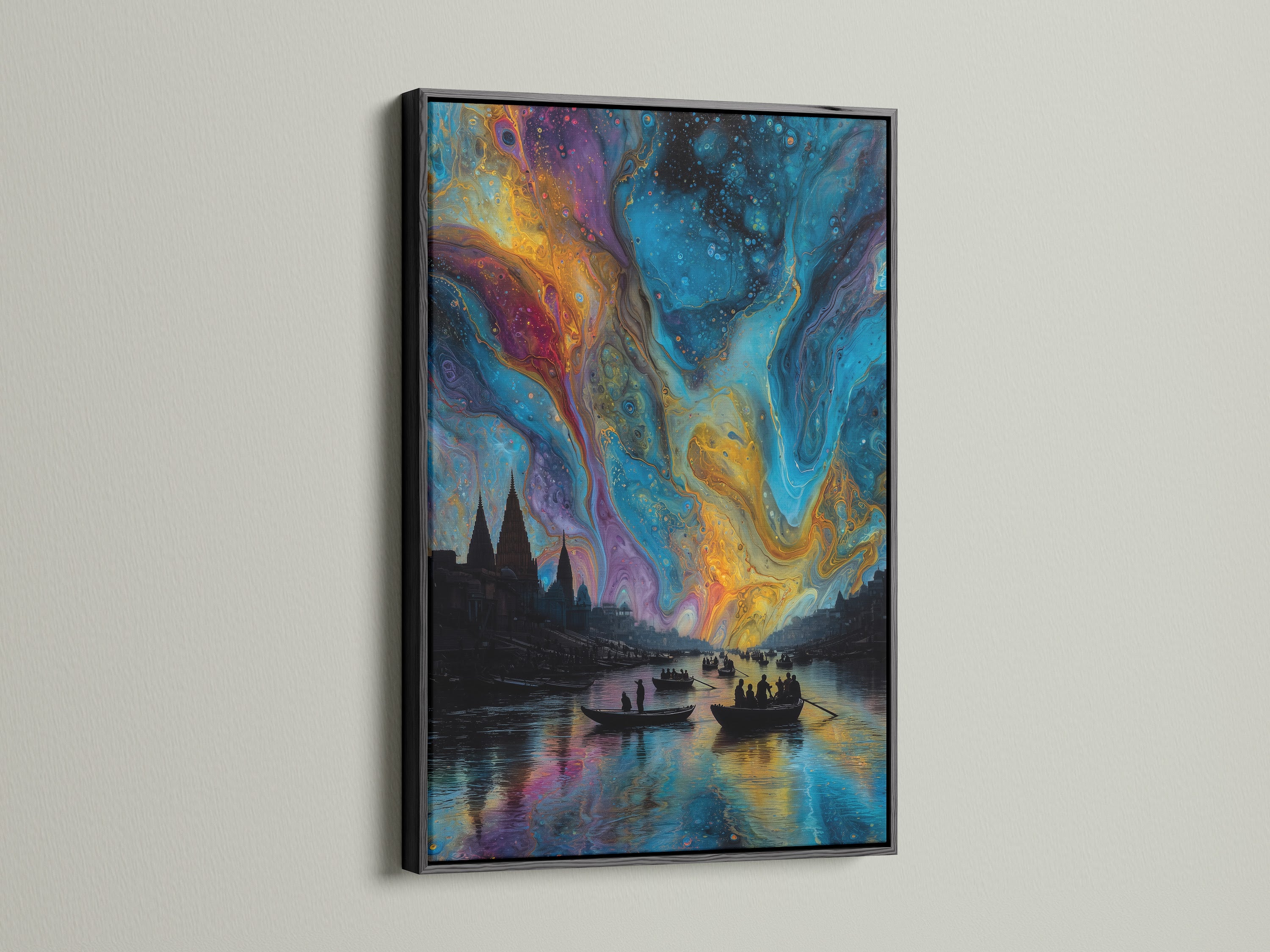Aurora Borealis artwork with a black frame. The cosmic bedroom art adds a touch of wonder. This aurora canvas print is a great gift. Imagine starry nights with this space wall art.
