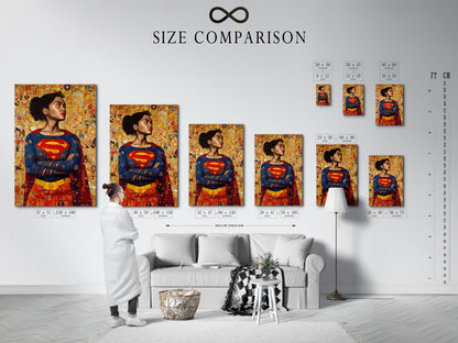 This is a size comparison chart in an interior setting. Visualizing different sizes helps customers make informed decisions. The chart provides a clear understanding of dimensions. Choose the perfect size to fit your space. Use our chart to find the ideal artwork size. It will enhance your decor.