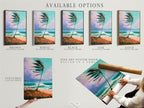 Available options for coastal beach artwork. Options include a stretched canvas print a fine art poster paper and a floating frame. The artwork depicts a palm tree and a turquoise seascape. Customize your perfect beachy art piece.