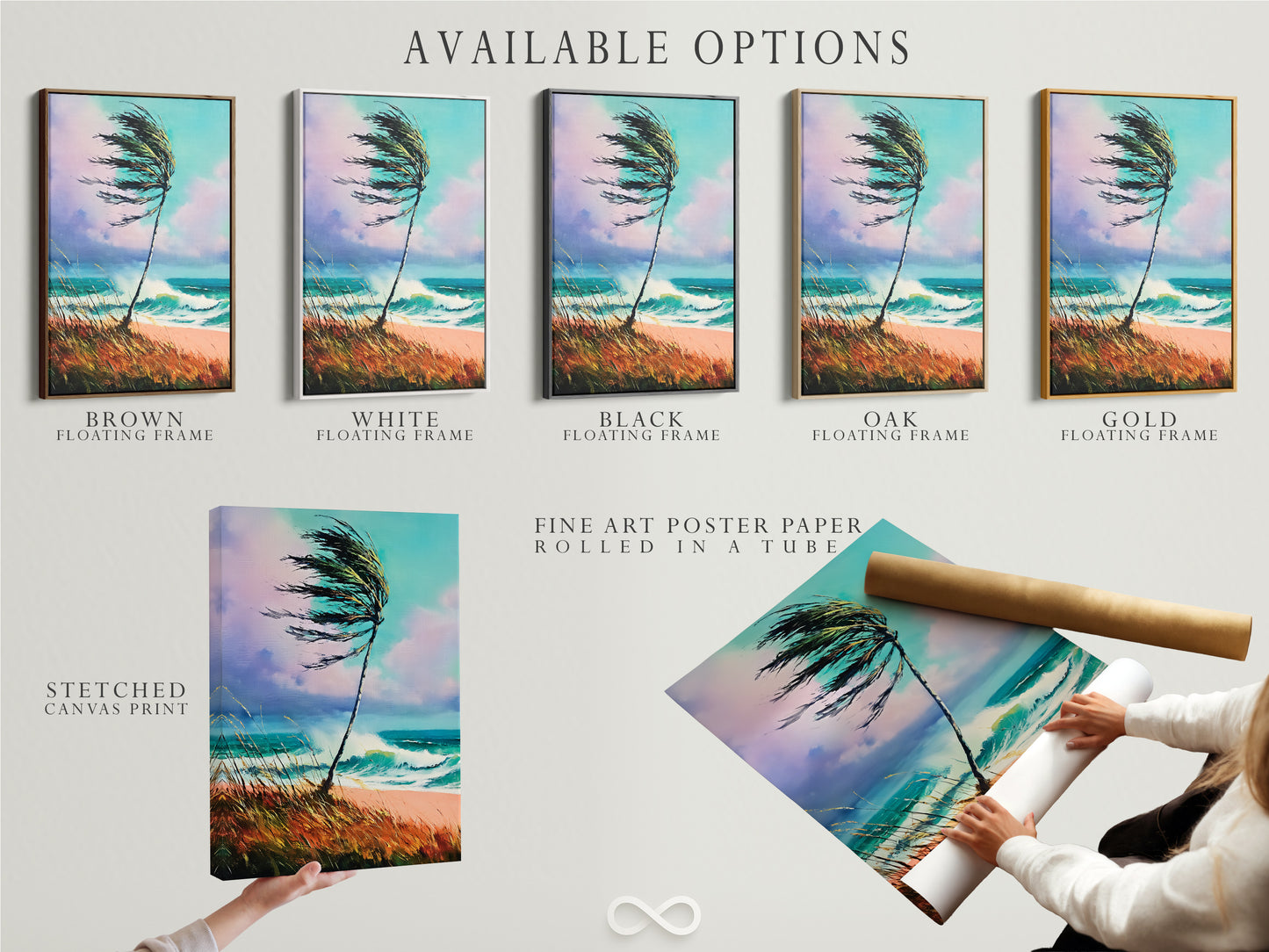 Available options for coastal beach artwork. Options include a stretched canvas print a fine art poster paper and a floating frame. The artwork depicts a palm tree and a turquoise seascape. Customize your perfect beachy art piece.