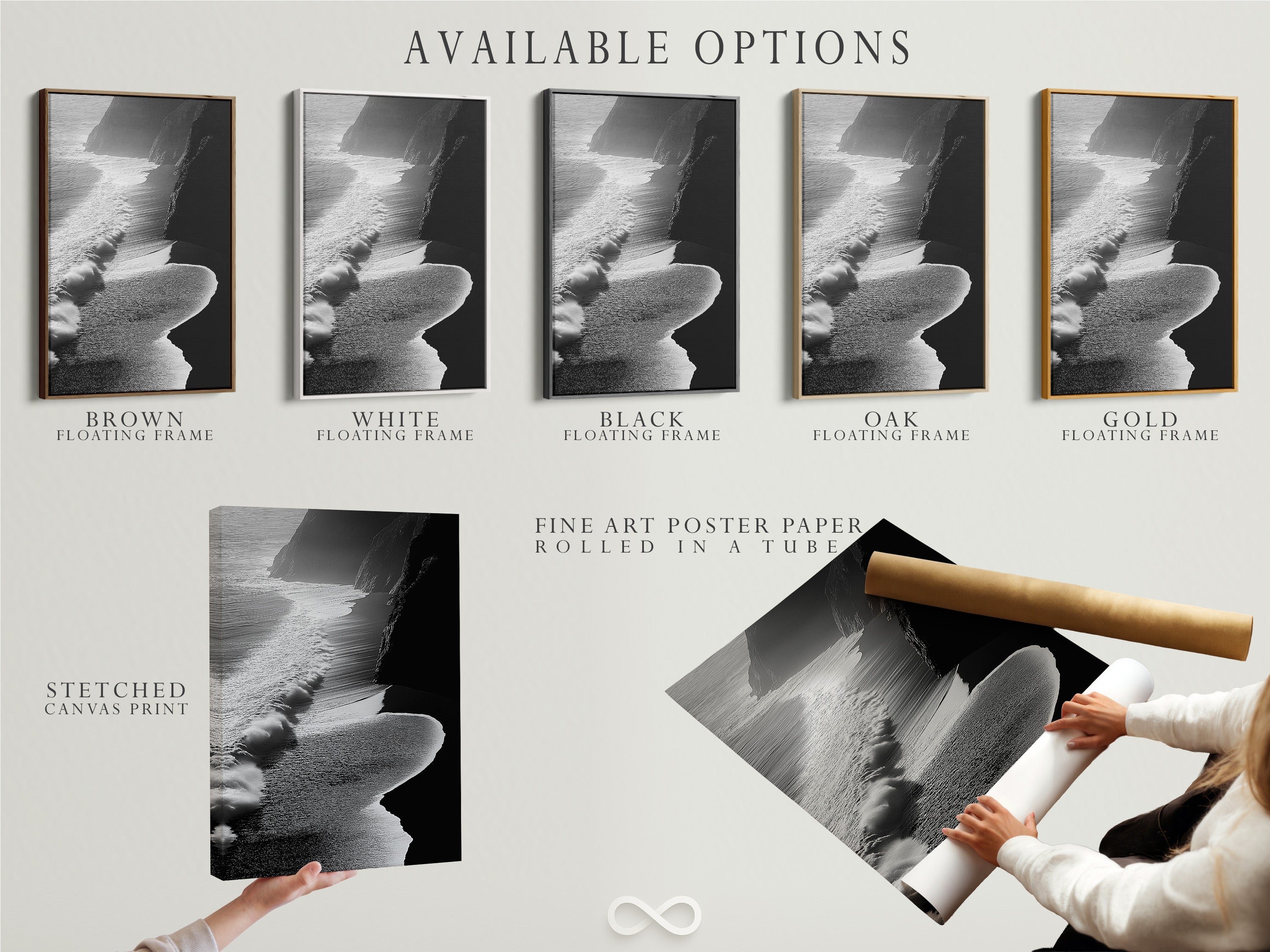 Discover the available options for this ocean waves artwork. Choose from a stretched canvas print or fine art poster paper. Consider a floating frame for a modern look. Perfect for homeowners and interior decorators. This black and white aerial beach photography enhances any space. Ideal for modern coastal decor in living rooms and bedrooms. Elevate your home today.