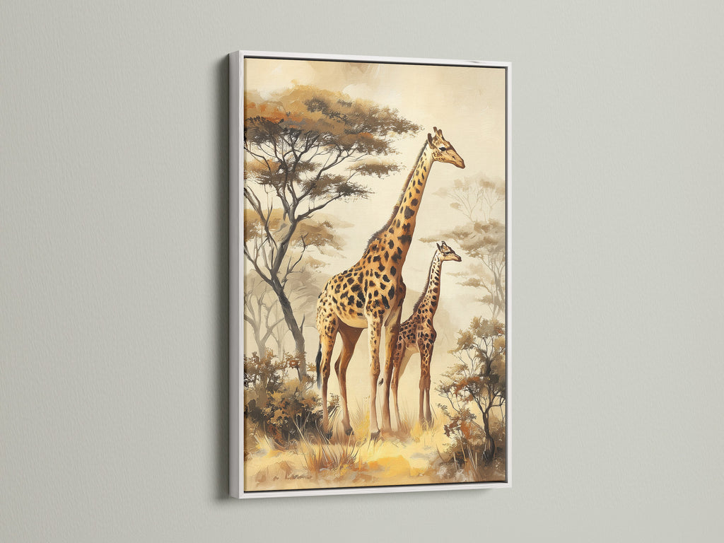 White frame artwork option. This artwork features a mother and baby giraffe. The artwork is framed with a clean white frame. The white frame offers a modern look for your artwork. This frame is perfect for minimalist or contemporary decor. The white frame enhances the artwork.