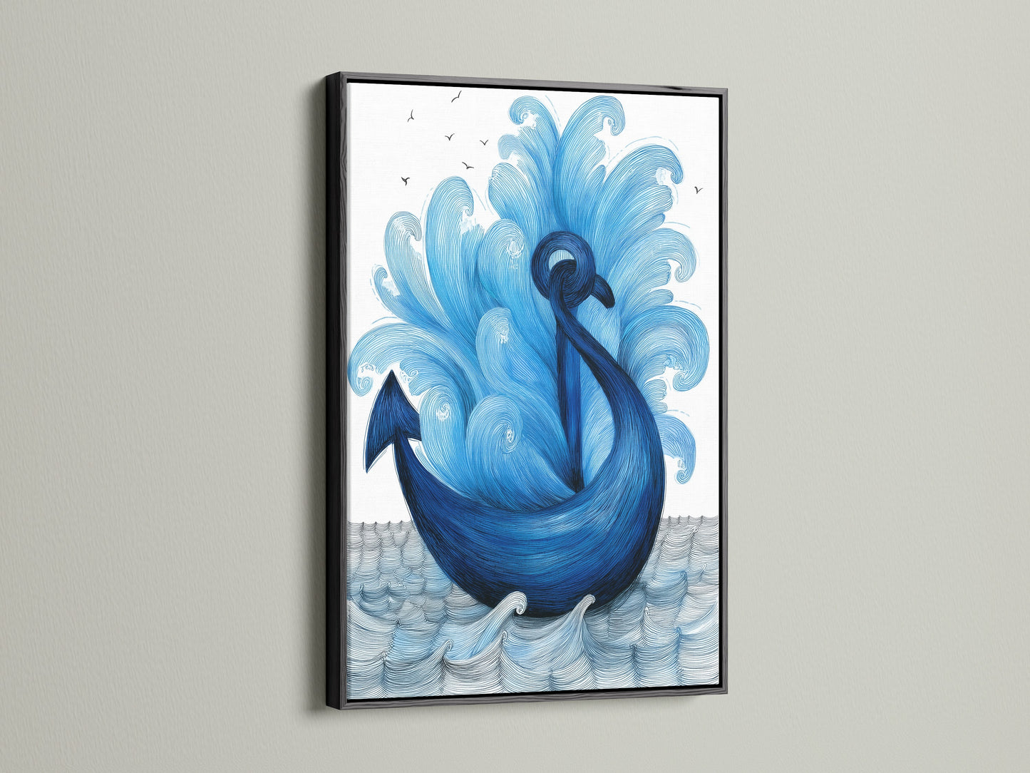 Check out our navy blue anchor artwork in a black frame. A striking coastal art piece that enhances any space. This ocean canvas art adds sophistication. The sea themed art is perfect for a modern look. Great for bathroom wall art or as a focal point. It's ideal for beach house decor and maritime art.