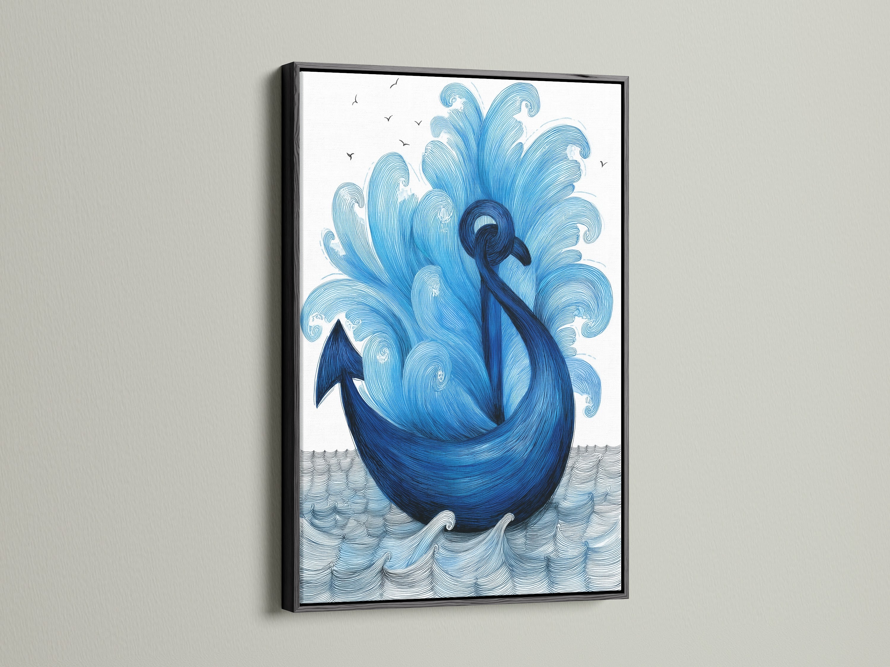 Check out our navy blue anchor artwork in a black frame. A striking coastal art piece that enhances any space. This ocean canvas art adds sophistication. The sea themed art is perfect for a modern look. Great for bathroom wall art or as a focal point. It's ideal for beach house decor and maritime art.