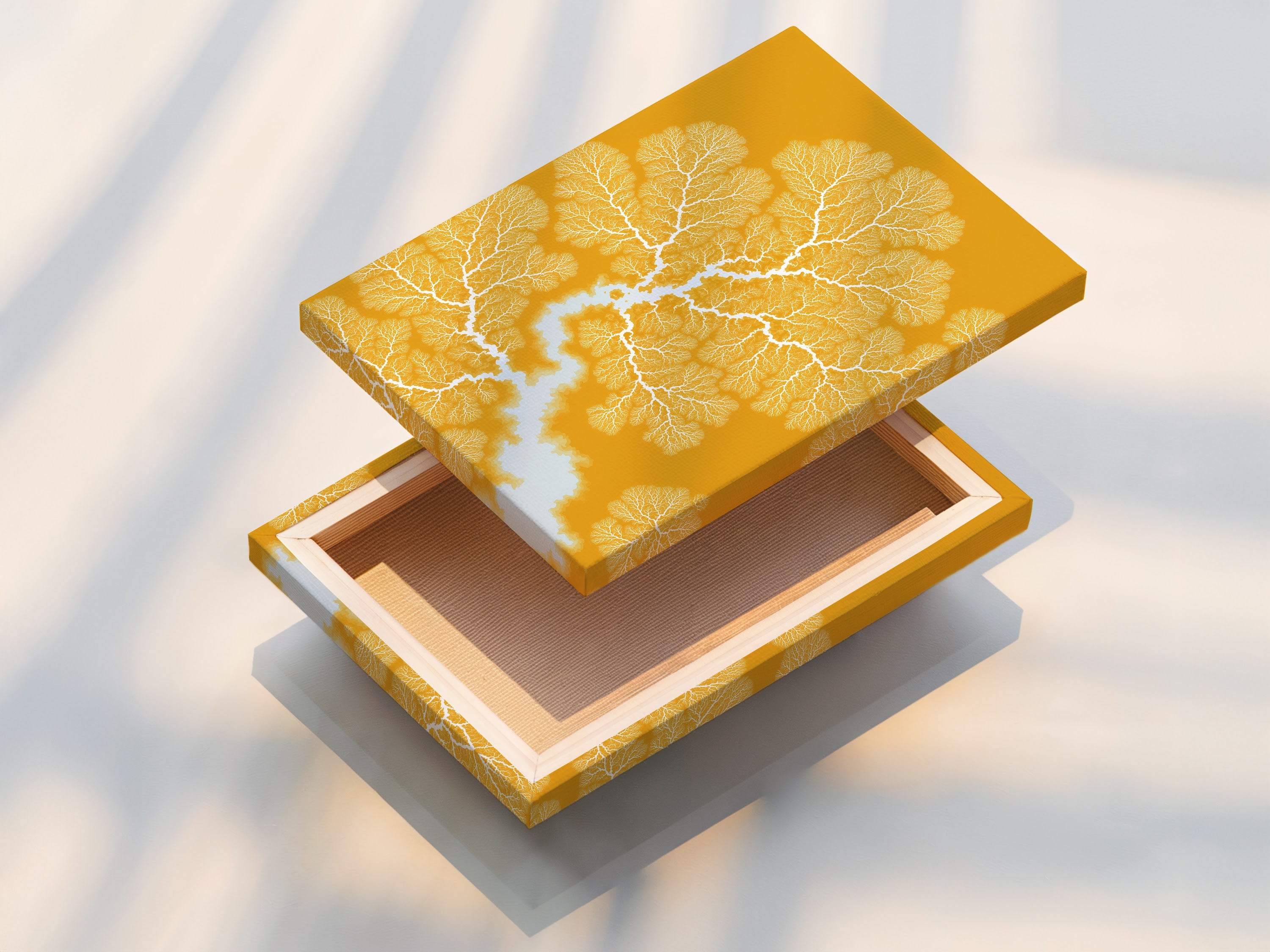 A stretched canvas print of abstract coral artwork. The ochre yellow art adds warmth. This coastal botanical piece is ready to hang. Perfect for living room wall decor. Enhance your home with contemporary wall art today.