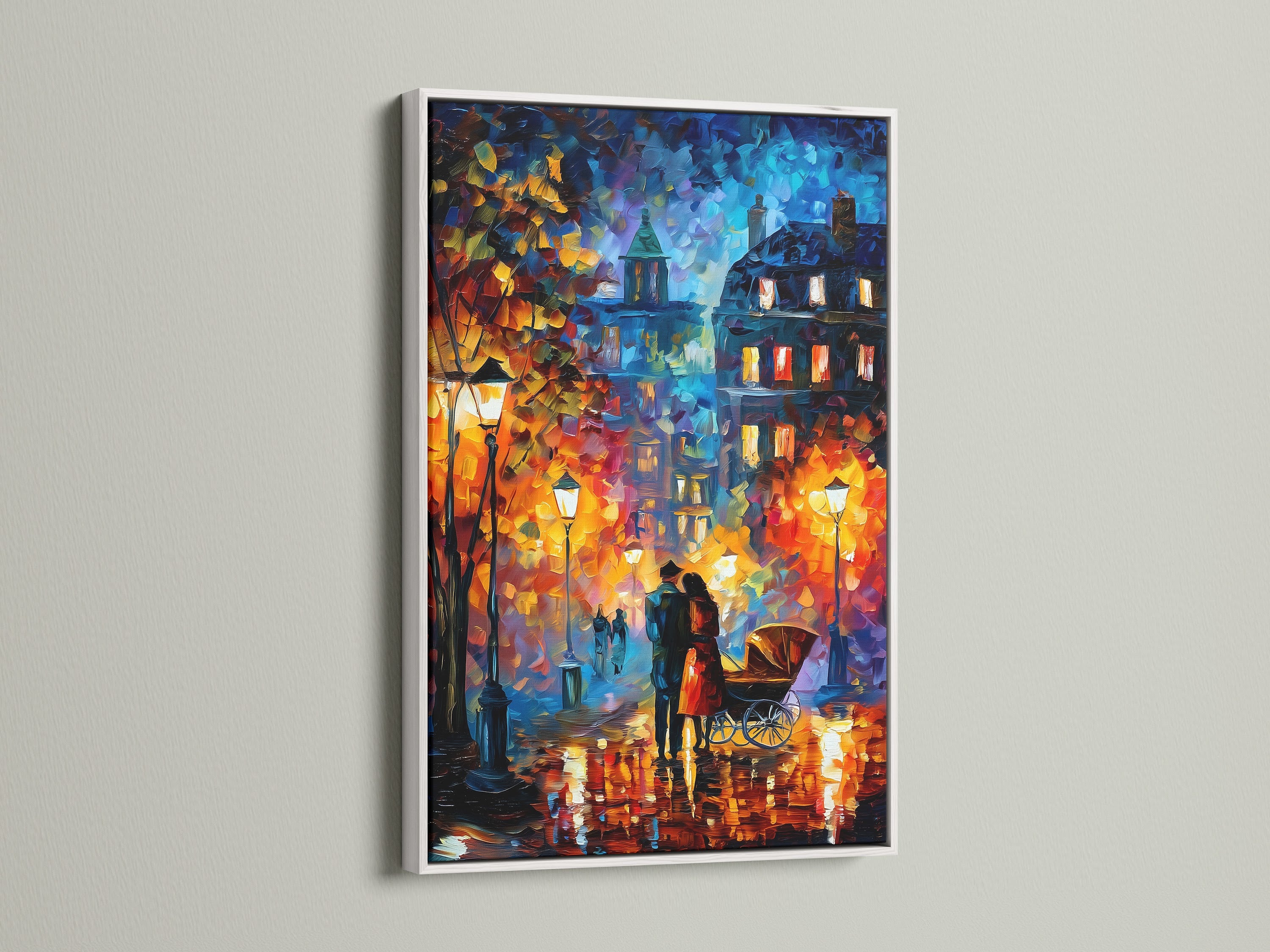 Romantic Street Art Canvas Print with a white frame. This artwork showcases a couple in a rainy city night. The print adds a fresh and modern touch to any room. Ideal for creating a cozy atmosphere. A perfect bedroom wall art choice.