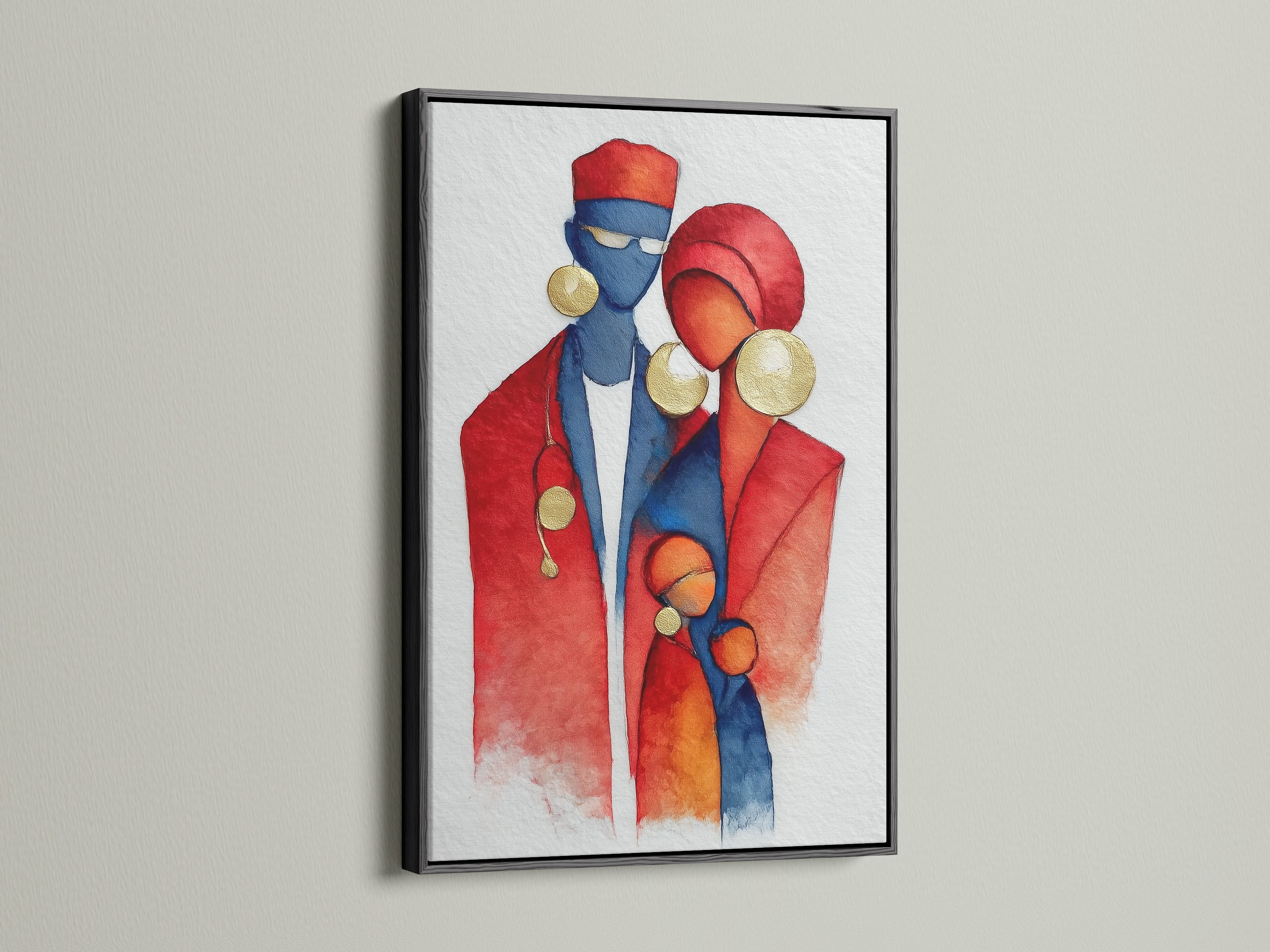 A black frame surrounds a contemporary watercolor art print. It portrays an African family in red and blue. The cultural artwork is perfect for a clinic or reception area. It adds a modern touch to office wall decor. It is a striking piece.