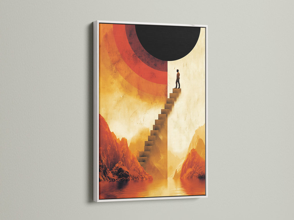 Surreal stairway canvas artwork with a white frame. The artwork displays an abstract mountain landscape. Its warm earth tones bring a modern touch. Ideal as office wall decor or for any living space. The white frame complements the artwork.